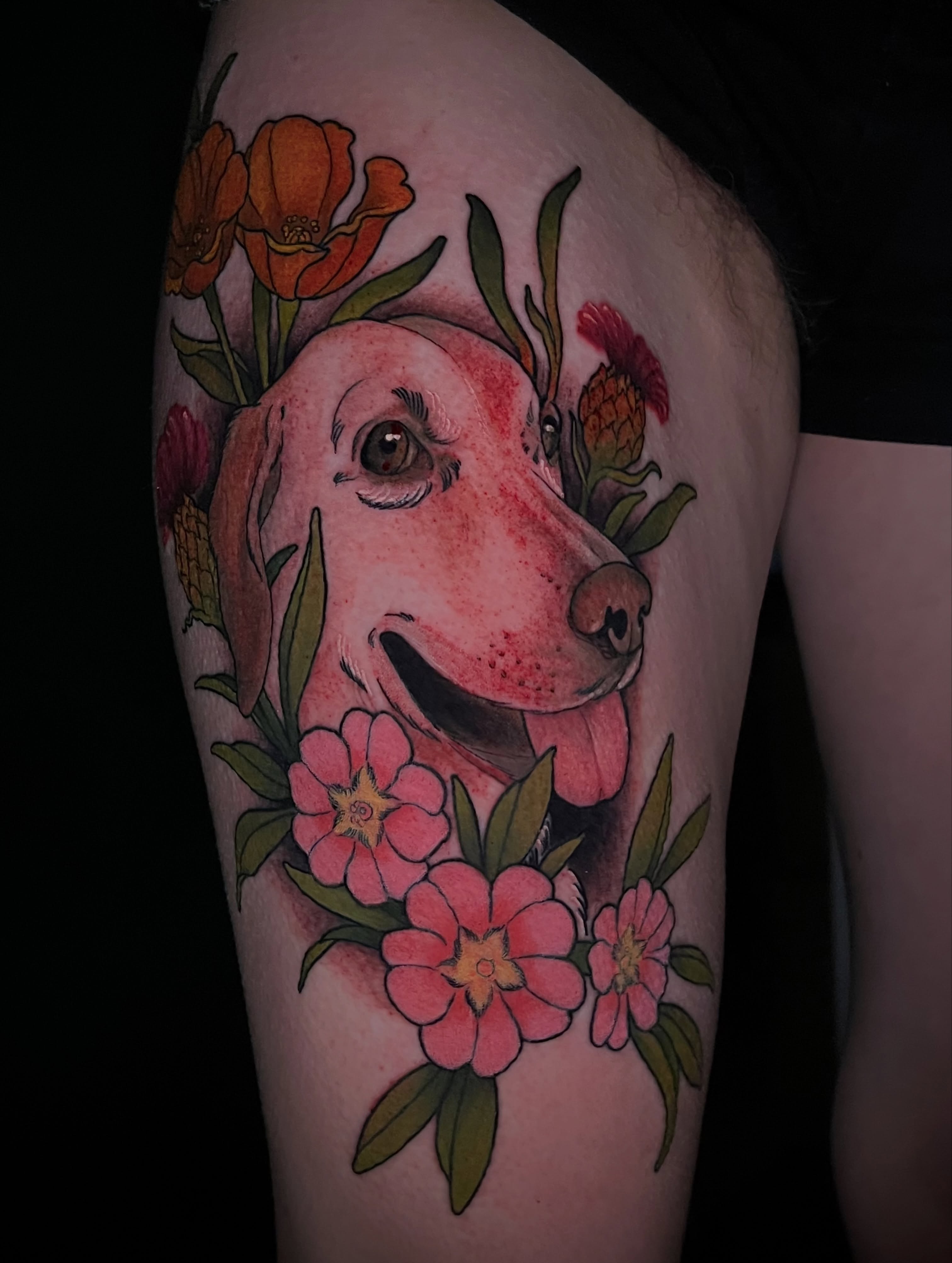 Dog with flowers realism tattoo on the thigh by Summer Machelle, Orange, California