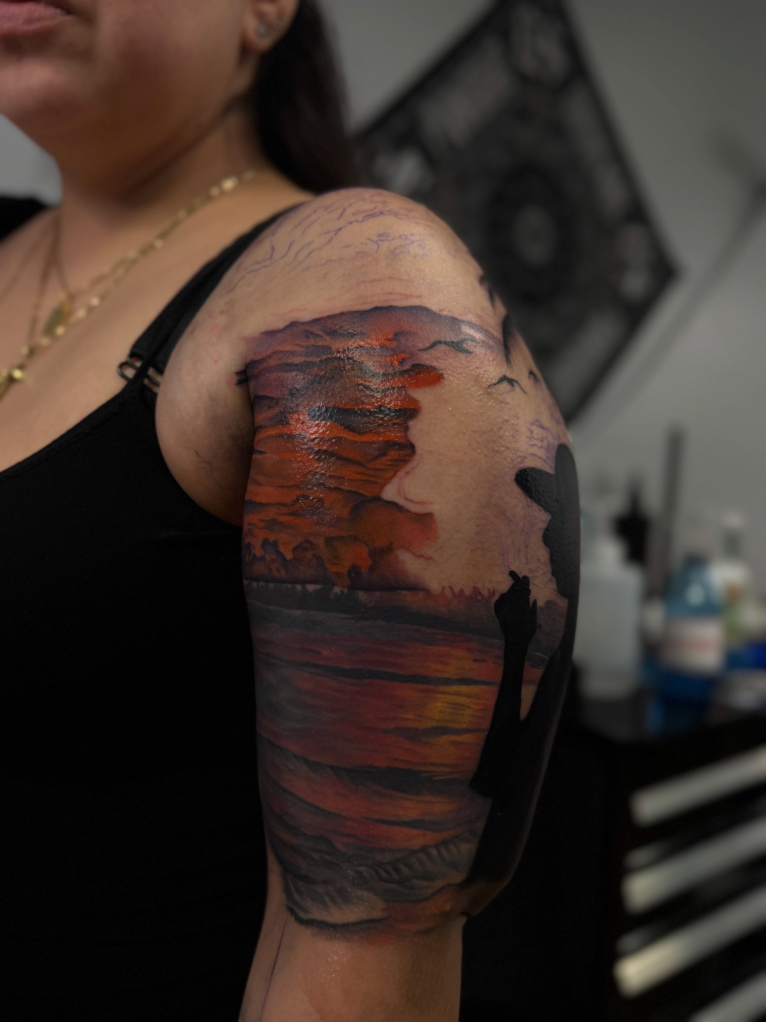 Sunset silhouette realism tattoo by San Diego Tattoo Artist