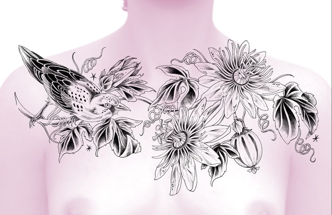 Bird and passion flowers realism tattoo on the back by katie, Seattle, Washington
