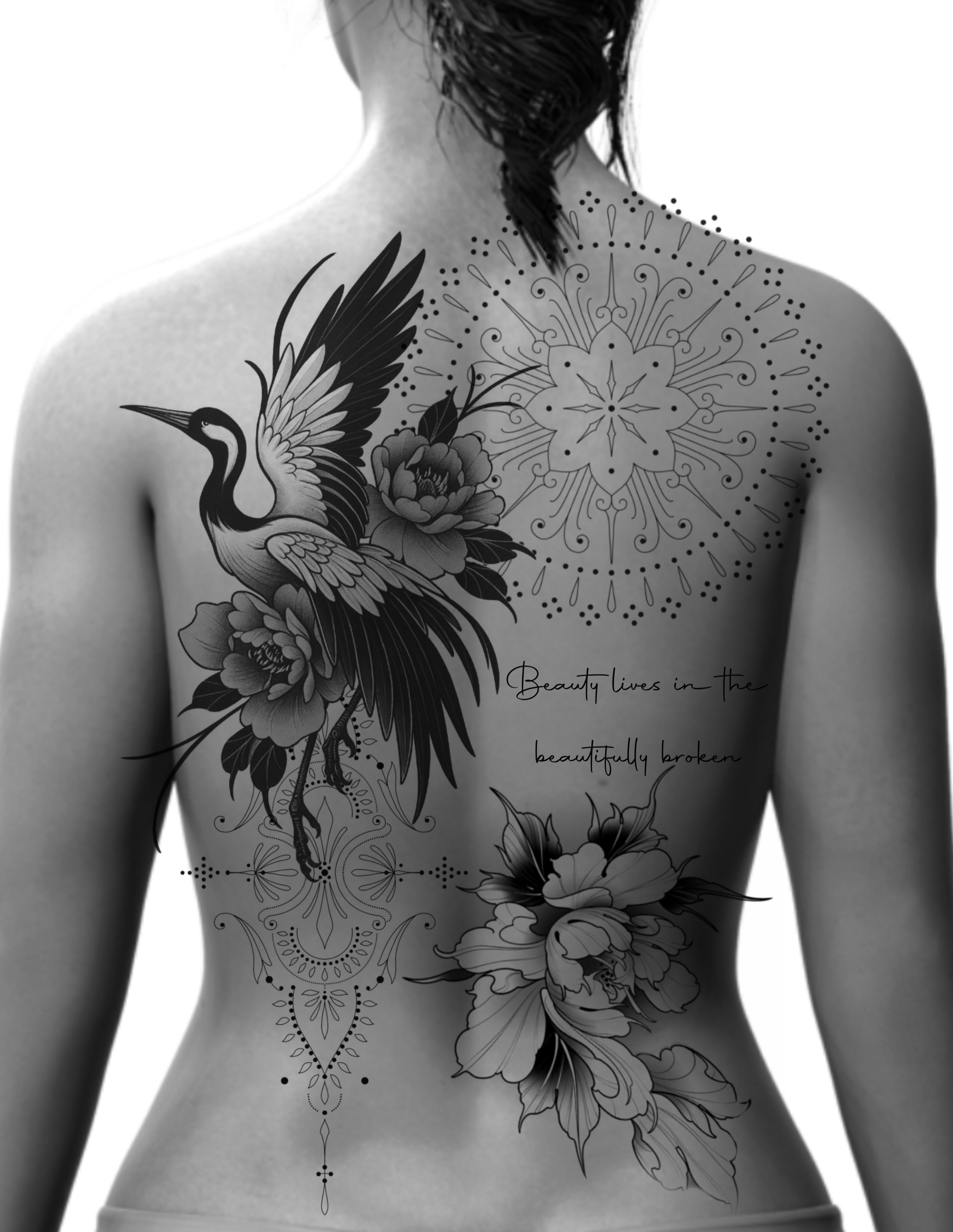 Floral and bird geometric tattoo on the back by Marly Quinn