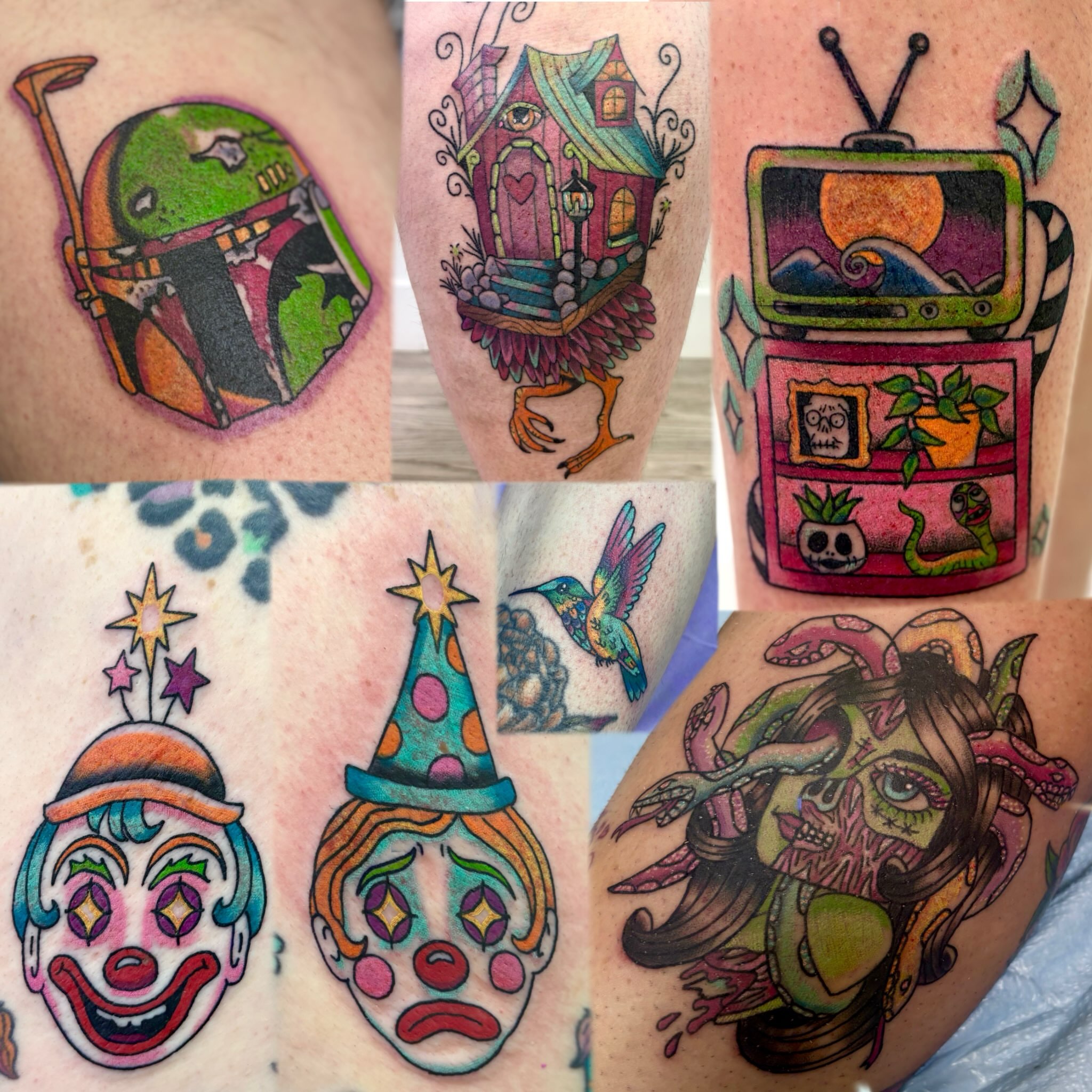 Clown faces American traditional tattoo on the upper arm by Taylor  Thompson