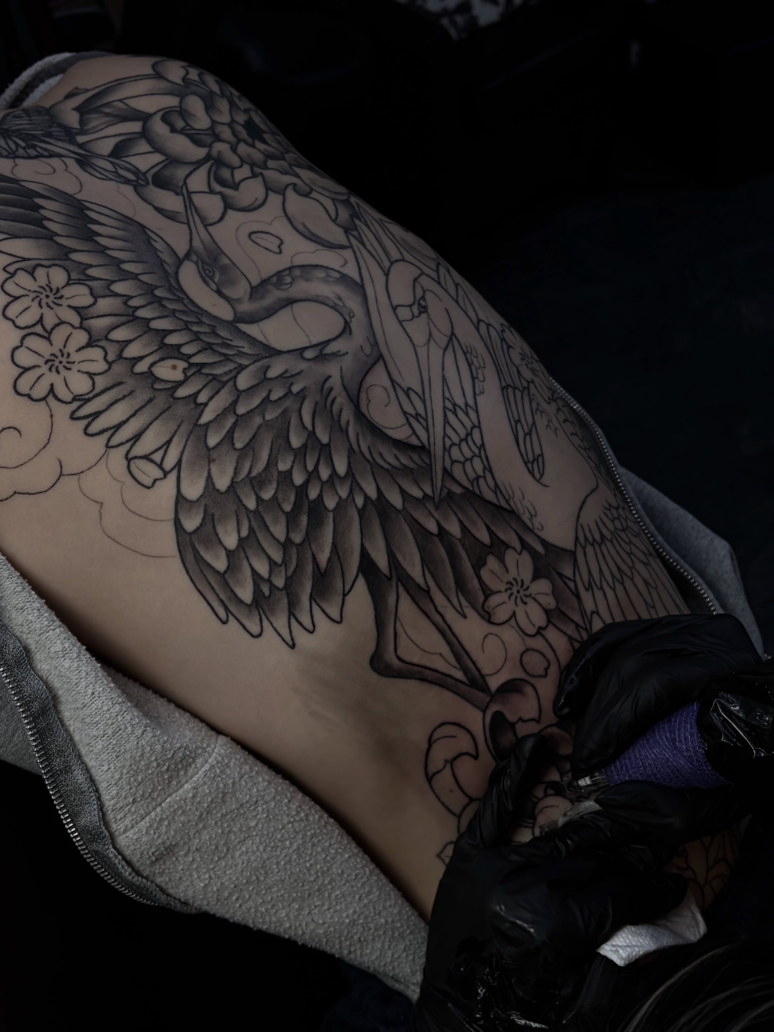 Eagle and cherry blossoms black and grey tattoo on the thigh by abby ☽ marie