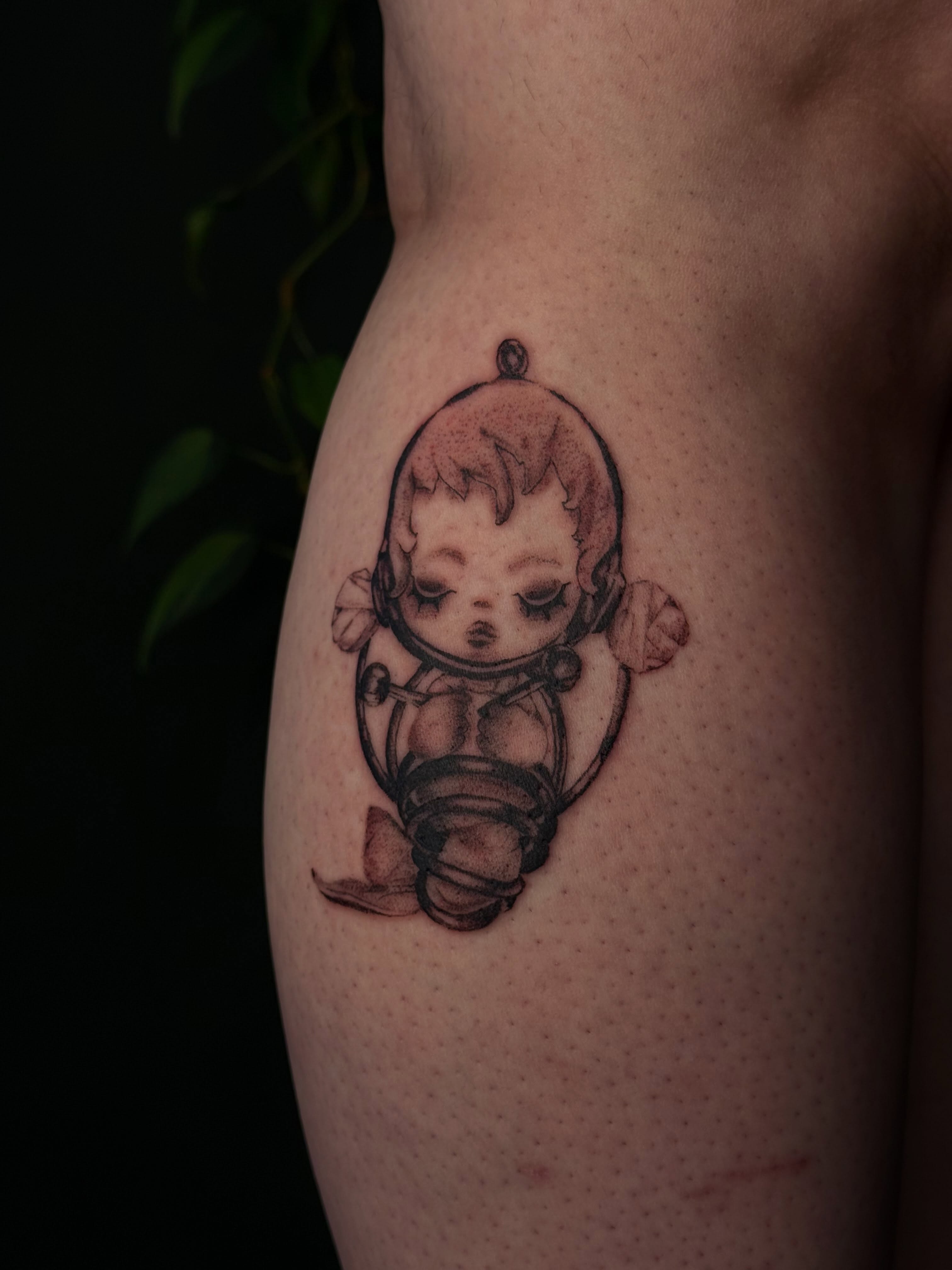 Astronaut baby dotwork tattoo on the thigh by šianca٠࣪ā
