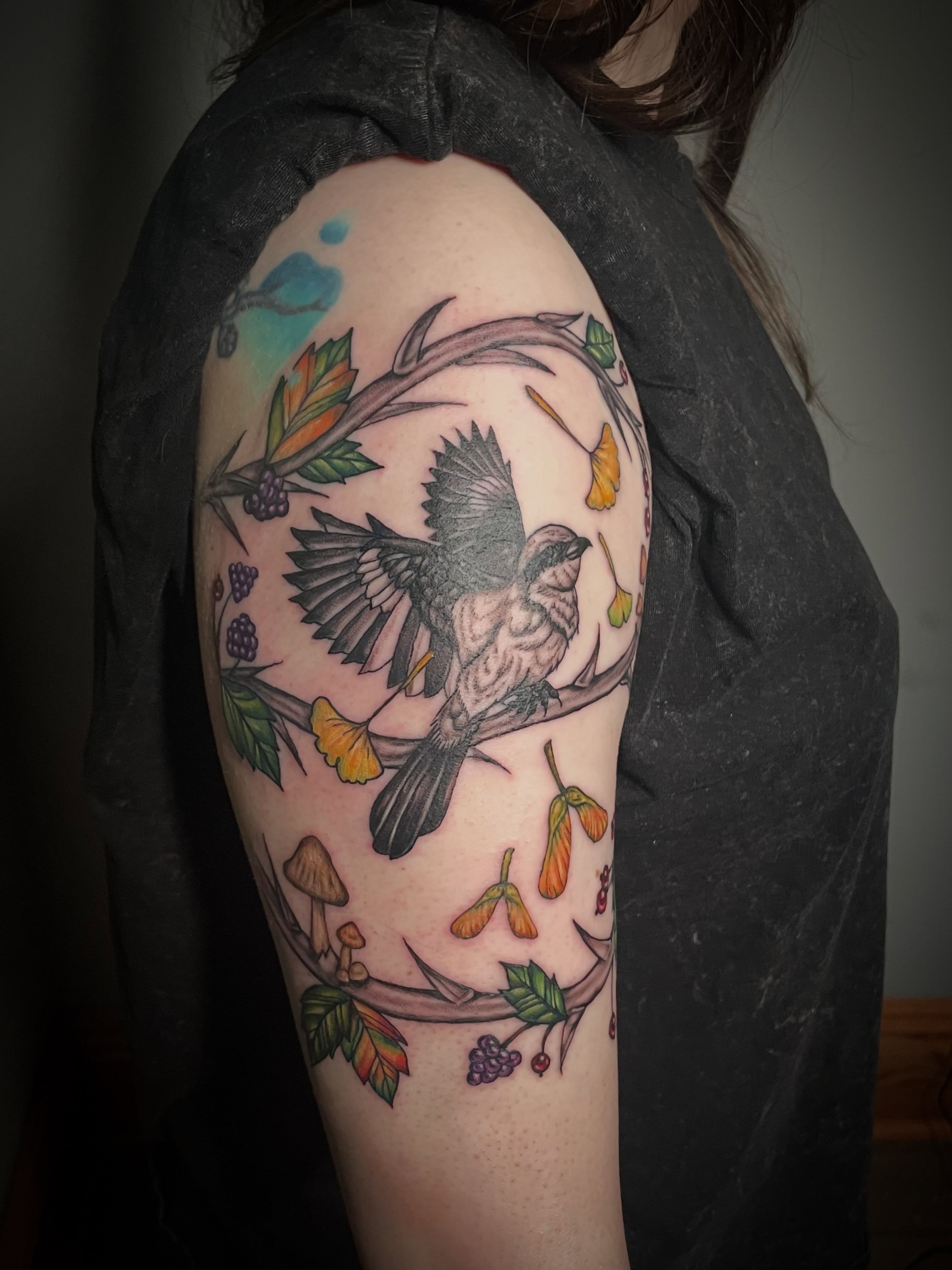 Bird and branch realism tattoo on the shoulder by Hannah Copeskey