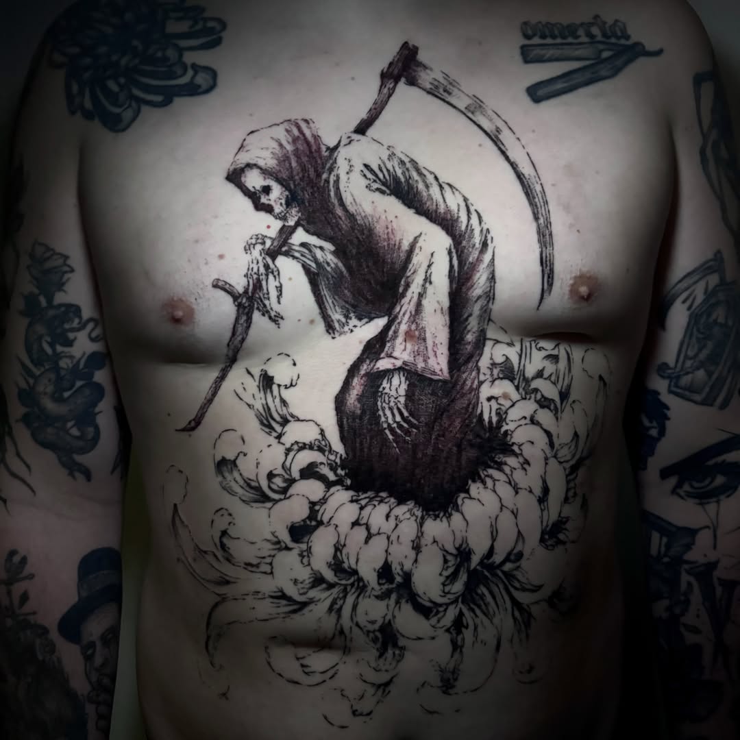Tattoo by @unknownliquids — black_and_grey, dark_realism