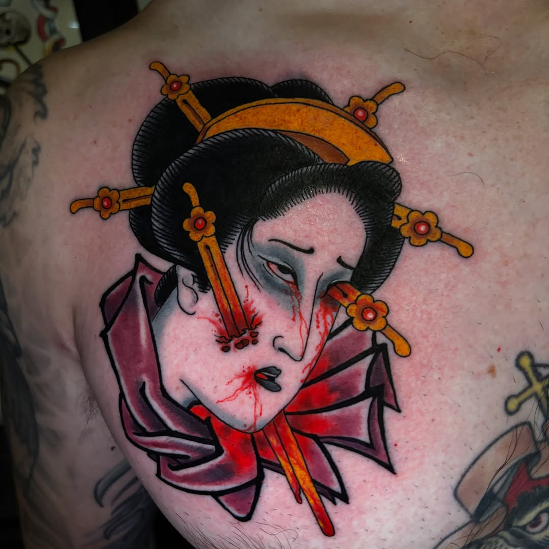 Geisha American traditional tattoo on the shoulder by Mike Maciejewski:Chicago Tattoo Artist