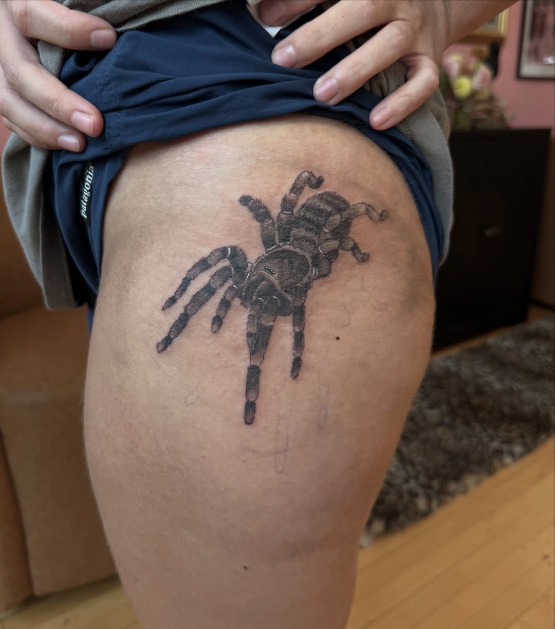 Spider realism tattoo on the thigh by Kelsey Lynn▪️Raleigh Tattoo Artist