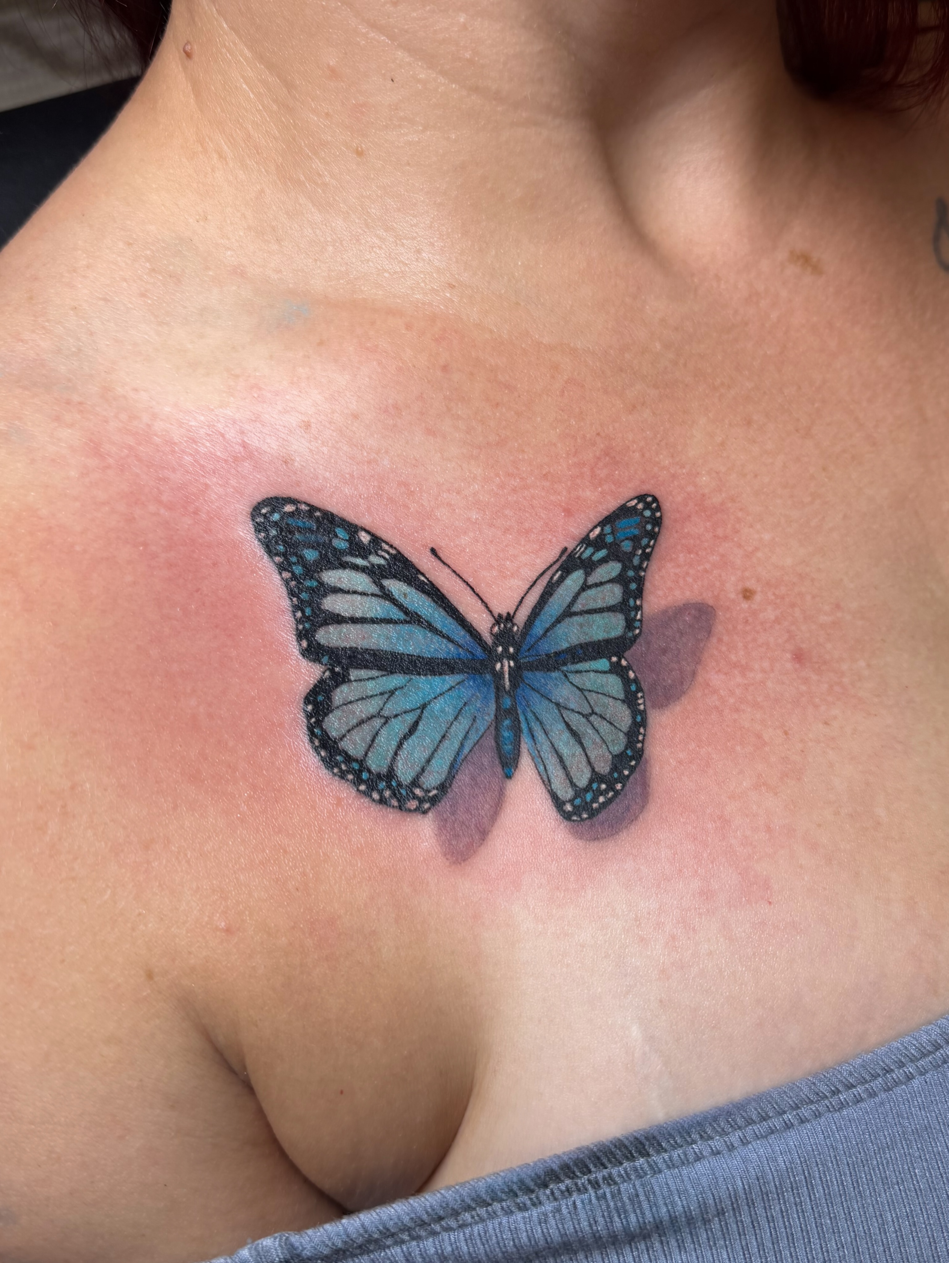 Butterfly realism tattoo on the chest by Jessica Oram Brockman, Dayton, Ohio