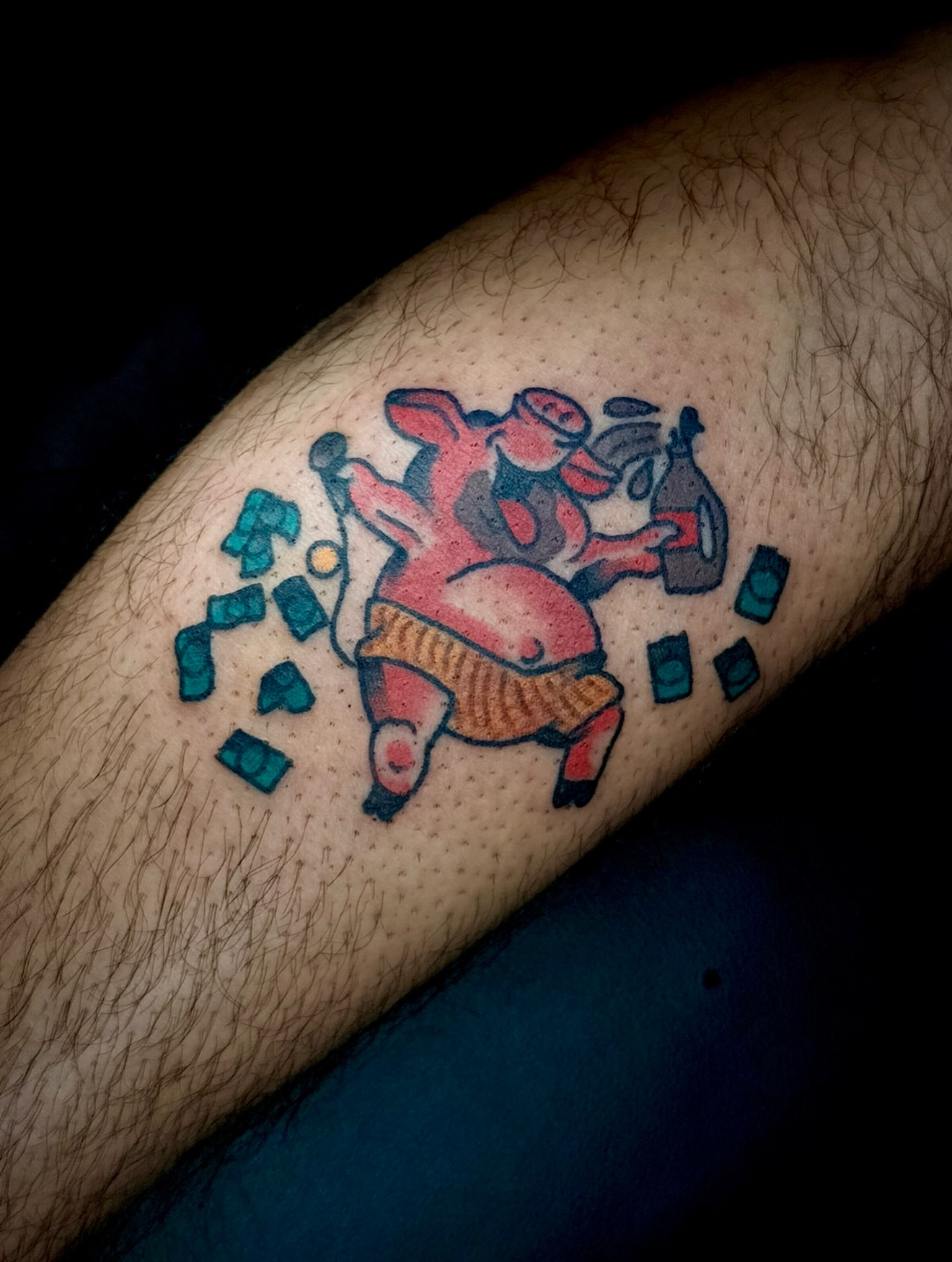 Fat character dotwork tattoo on the forearm by Zac Clark