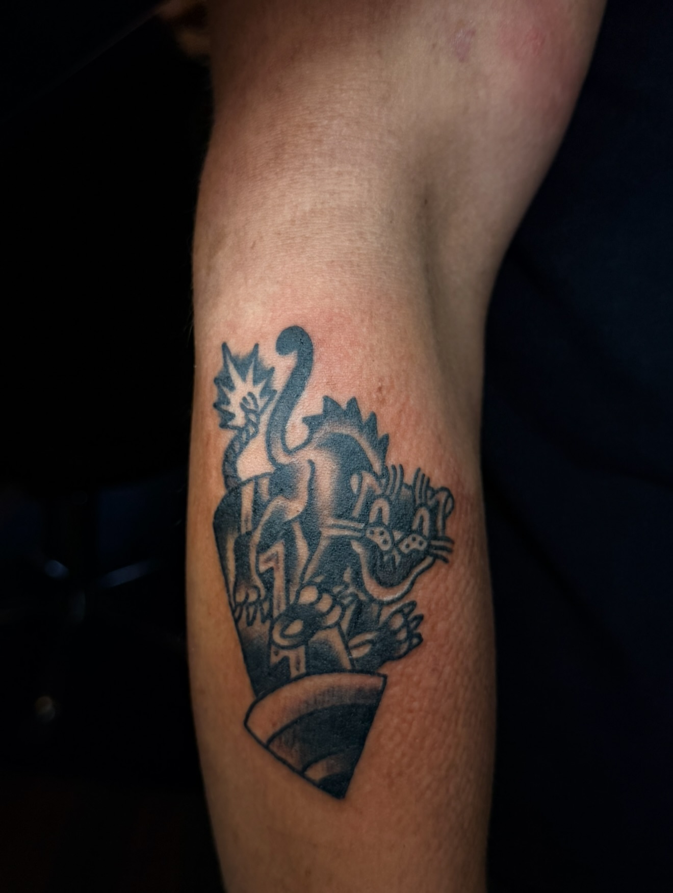 Cat black and grey tattoo on the forearm by Zac Clark