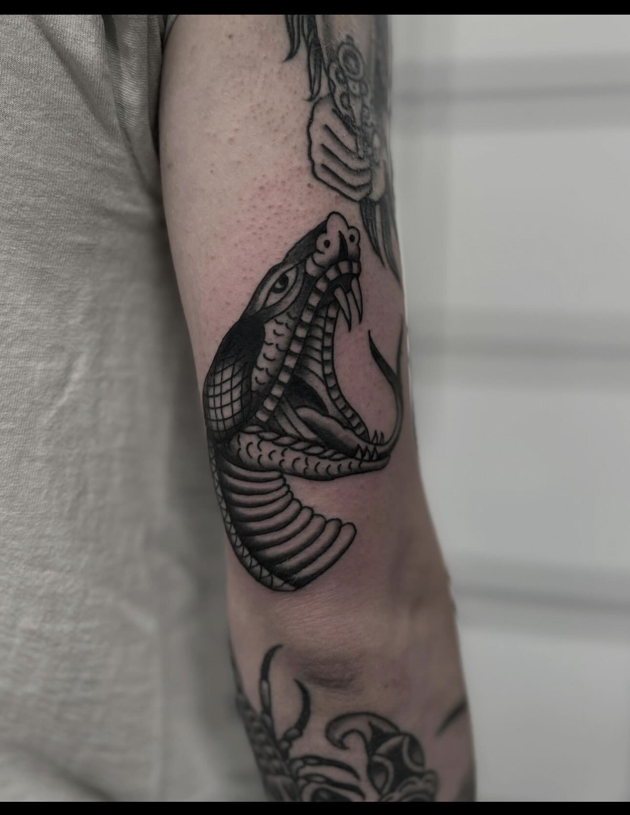 Snake black and grey tattoo on the forearm by Micah Norman, San Francisco, California