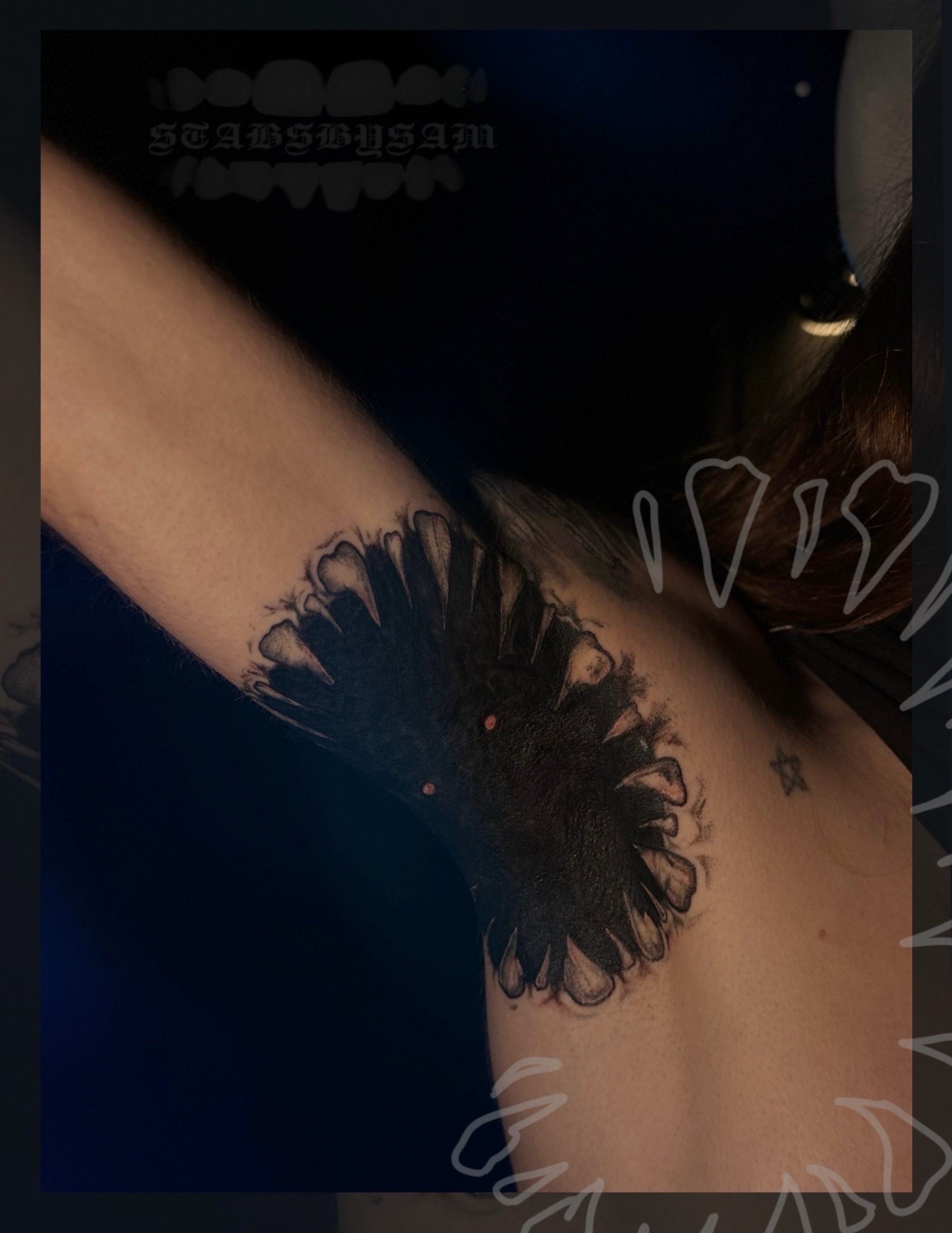 Abstract flower black and grey tattoo on the shoulder by licensed charlotte tattoo artist