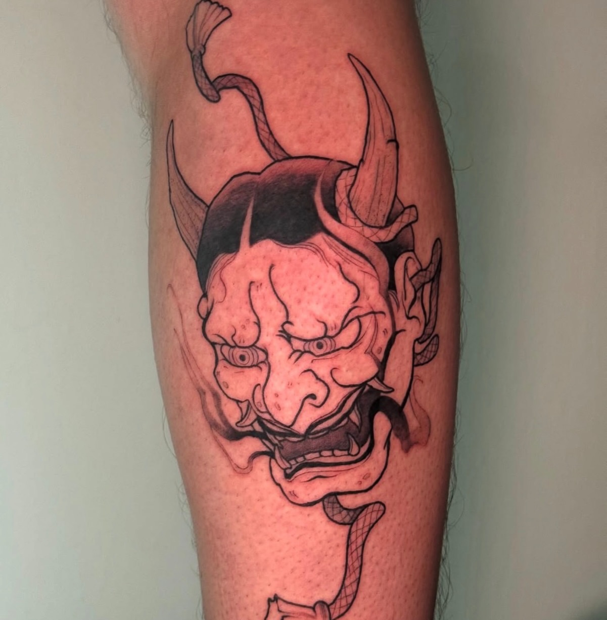 Demon mask japanese irezumi tattoo on the forearm by sanjai