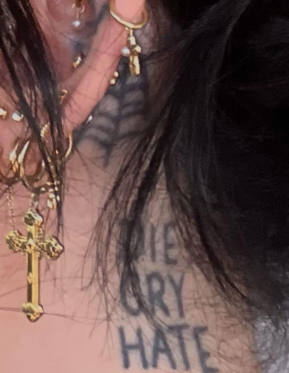 Cry hate black and grey tattoo on the neck by Sienna (jj) Hicks