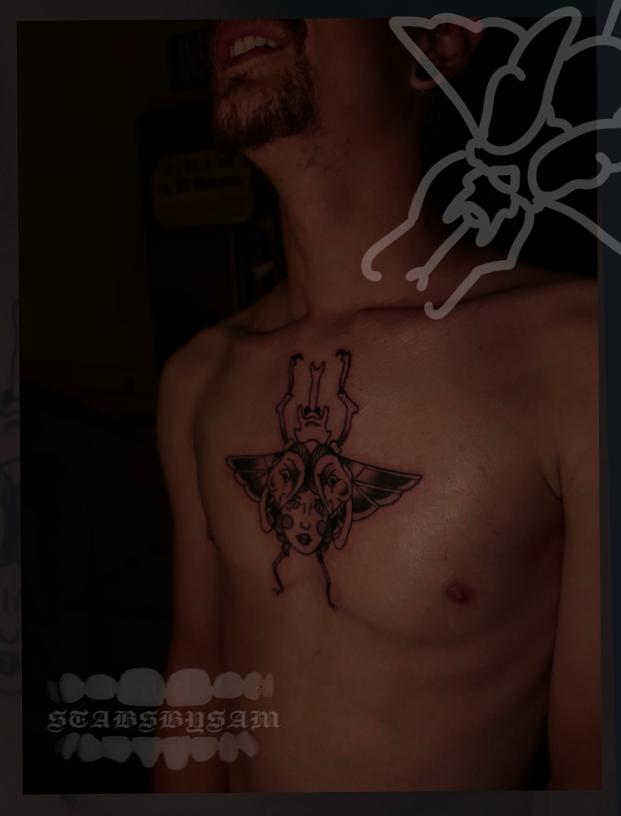 Goat-headed woman geometric tattoo on the chest by licensed charlotte tattoo artist