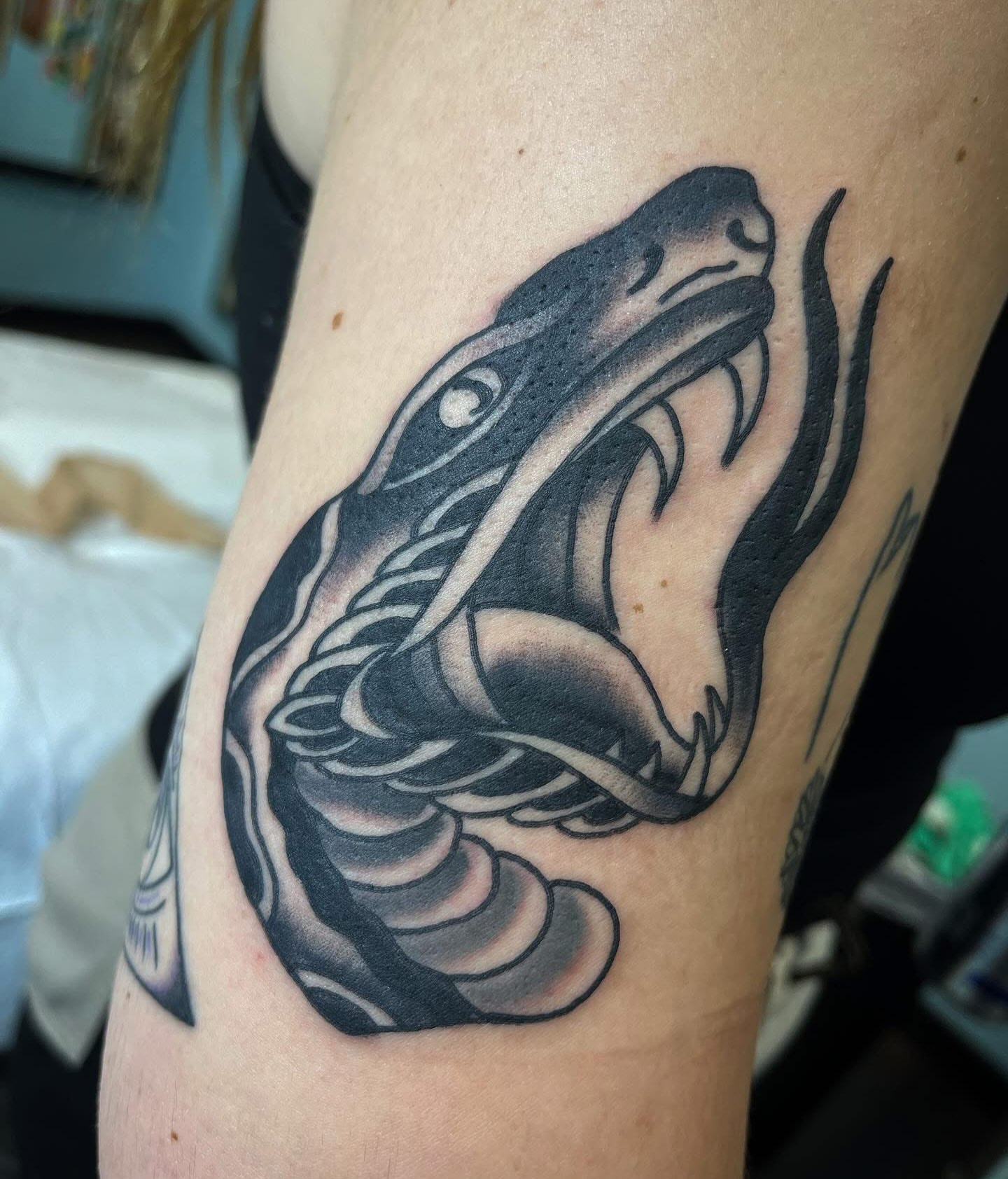 Snake black and grey tattoo on the forearm by Arron Albaugh