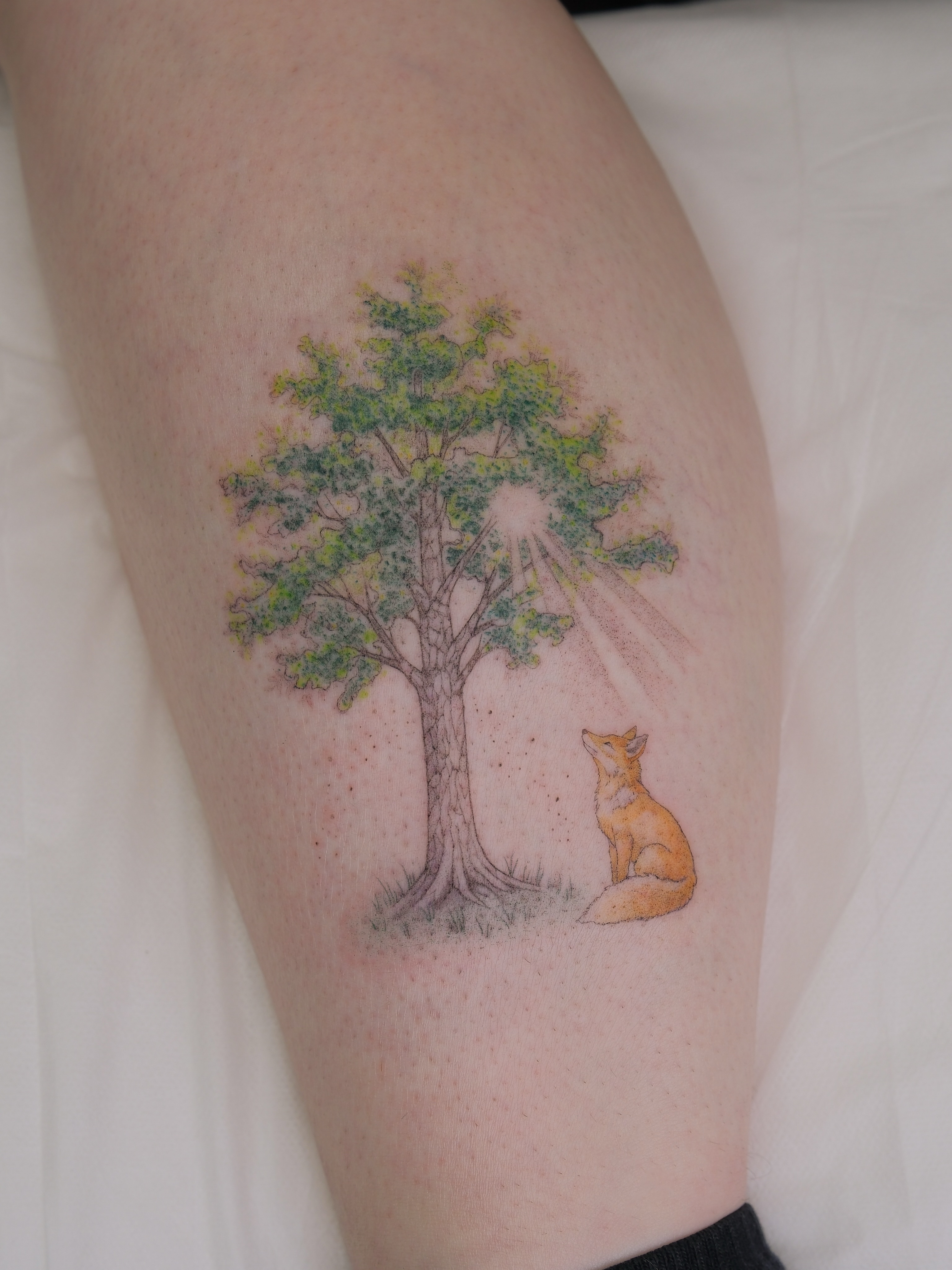 Tree and fox realism tattoo on the thigh by Tattoo in Charlotte NC, Charlotte, North Carolina