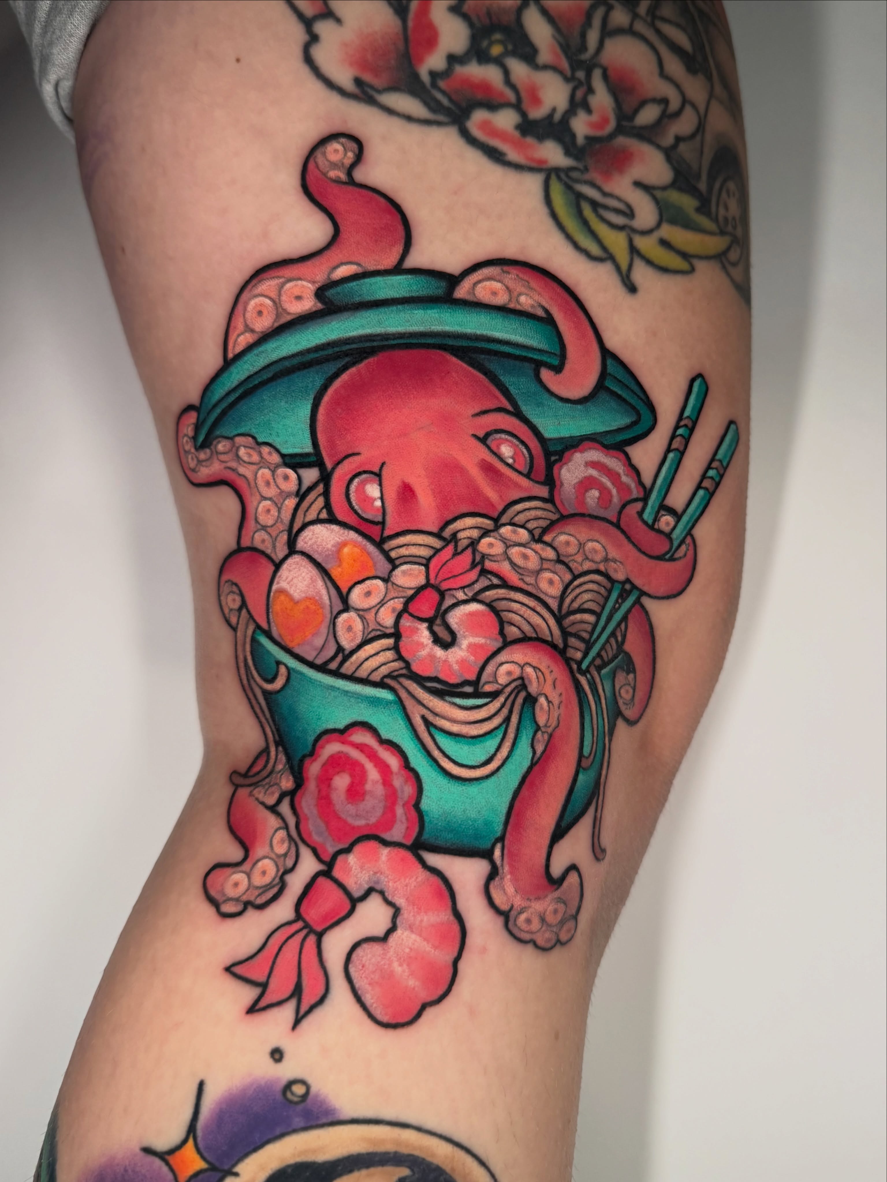 Octopus and noodles new school tattoo on the forearm by Missi Blue
