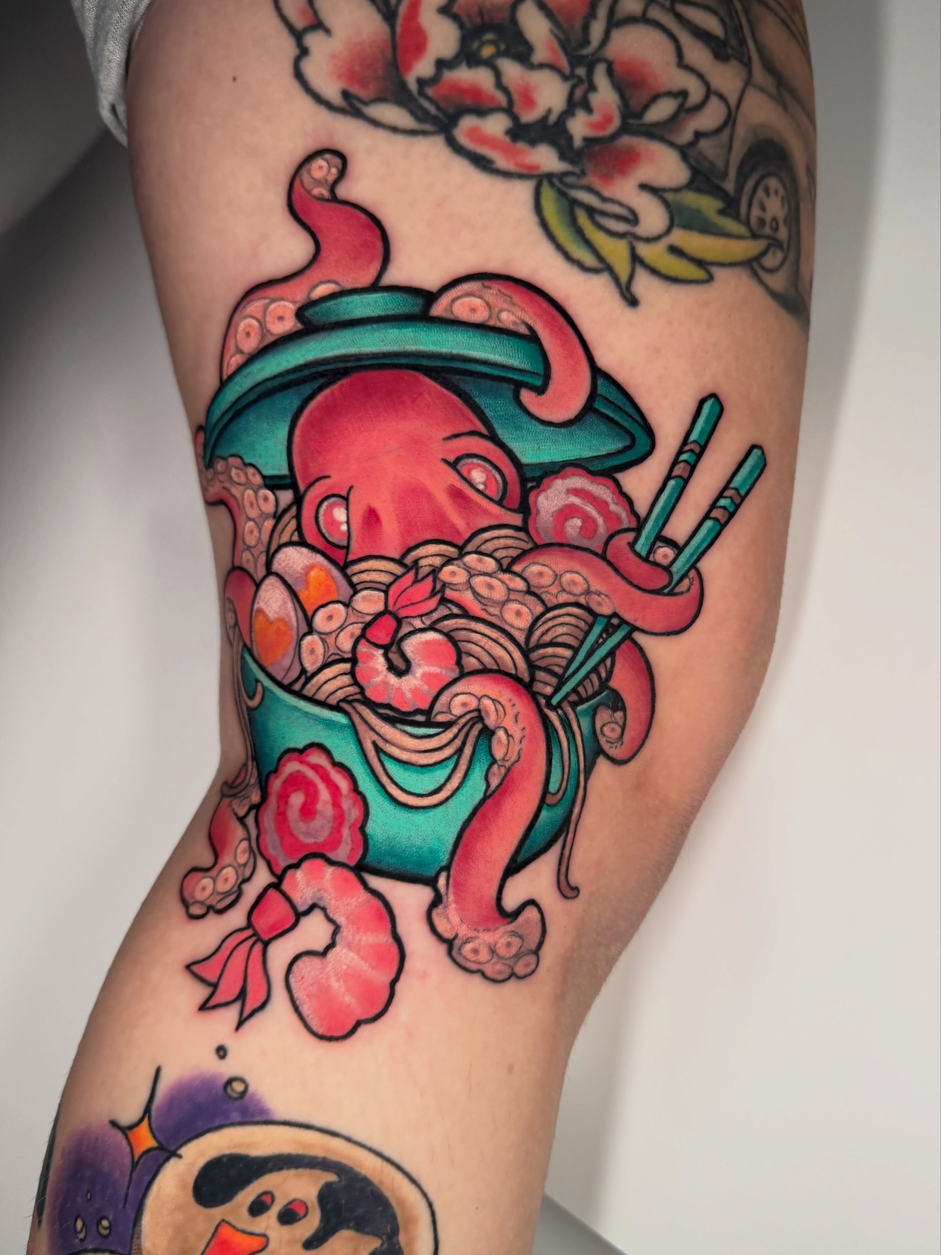 Octopus in bowl American traditional tattoo on the forearm by Missi Blue