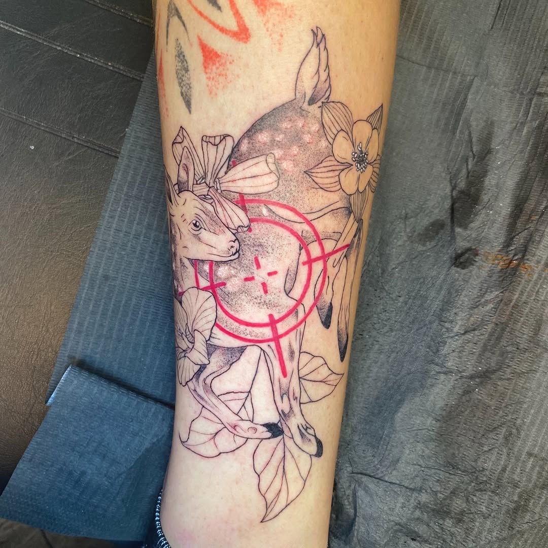 Deer with flowers and target fine line tattoo on the forearm by MD Ariel🦷