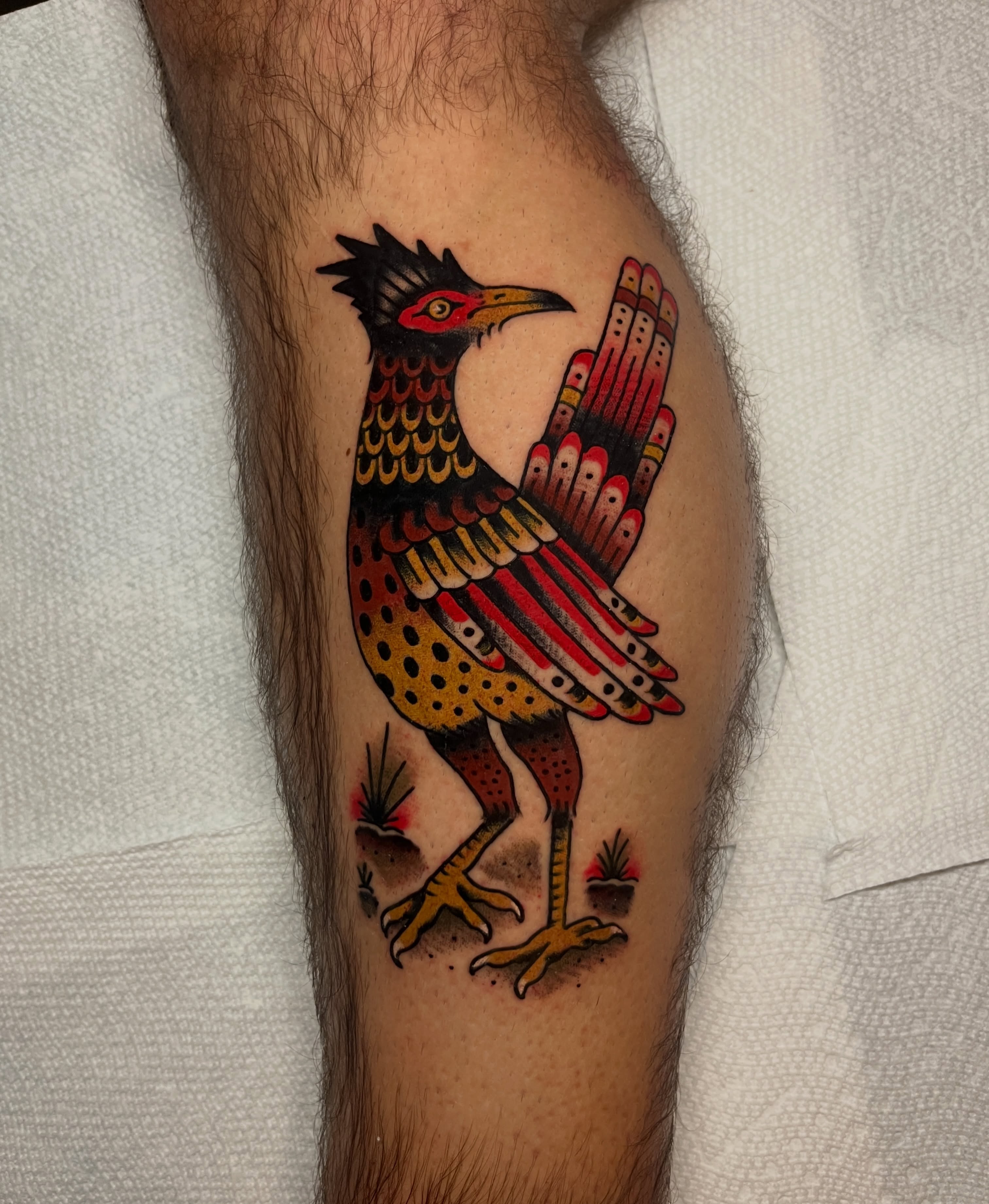 Bird American traditional tattoo on the forearm by Kehrmie Tattoos, Berkeley, California