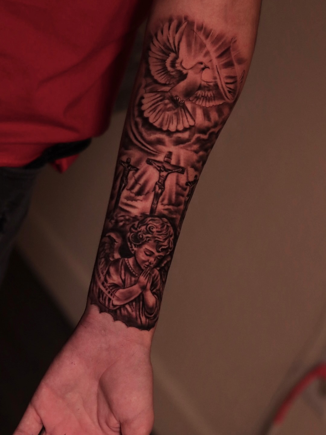 Religious scene realism tattoo on the forearm by Mr Letters🗡️