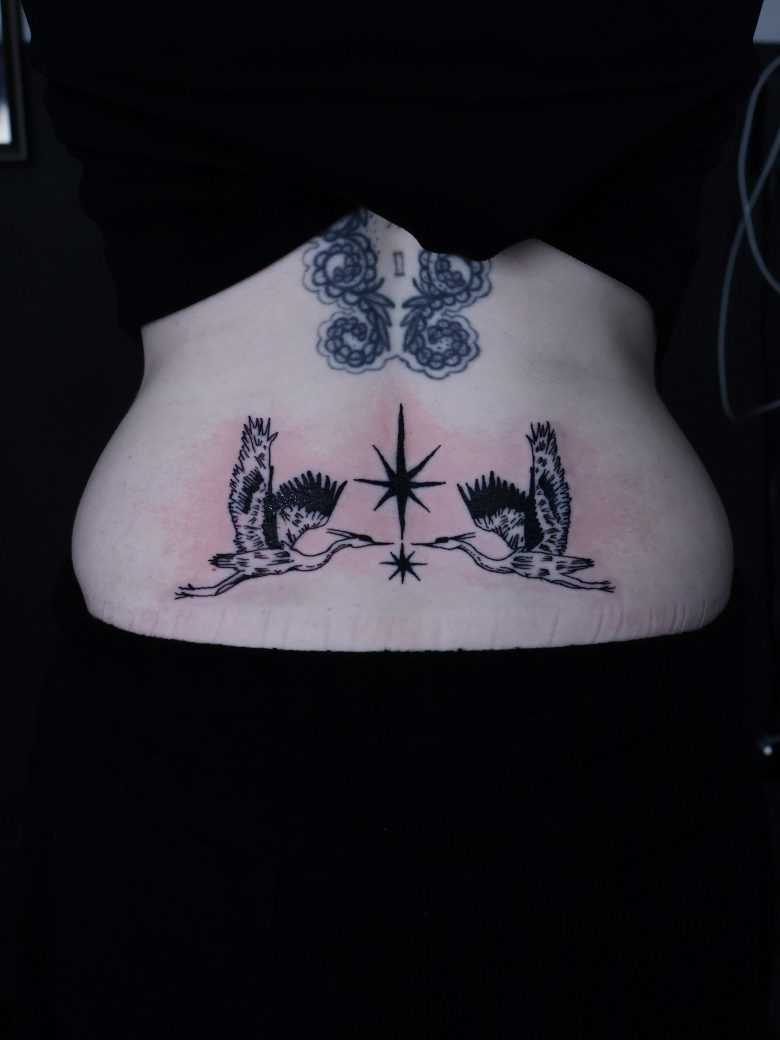 Cranes and star black and grey tattoo on the torso by Denis Du Preez, East Williamsburg, Brooklyn