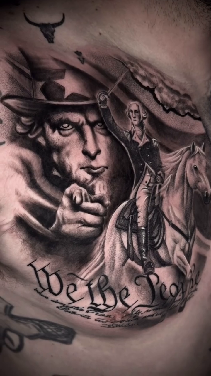 Uncle sam and rider on horseback realism tattoo by Terence Taylor