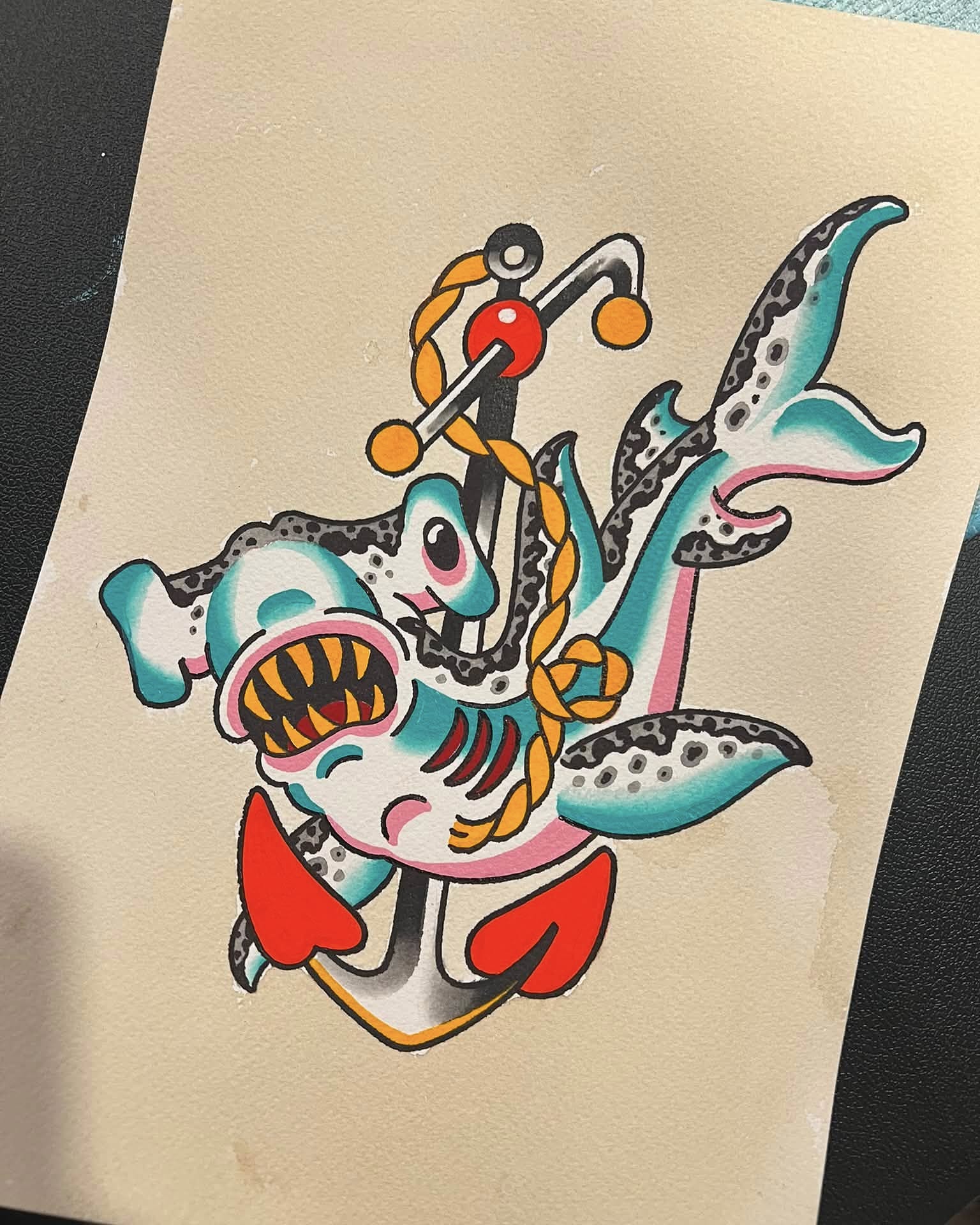 Shark with anchor American traditional tattoo by Brandon McDaniel Iowa Tattoo Artist