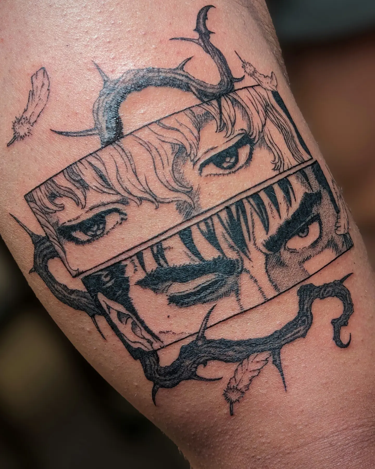 Anime character anime tattoo on the forearm by Seth Chitwood