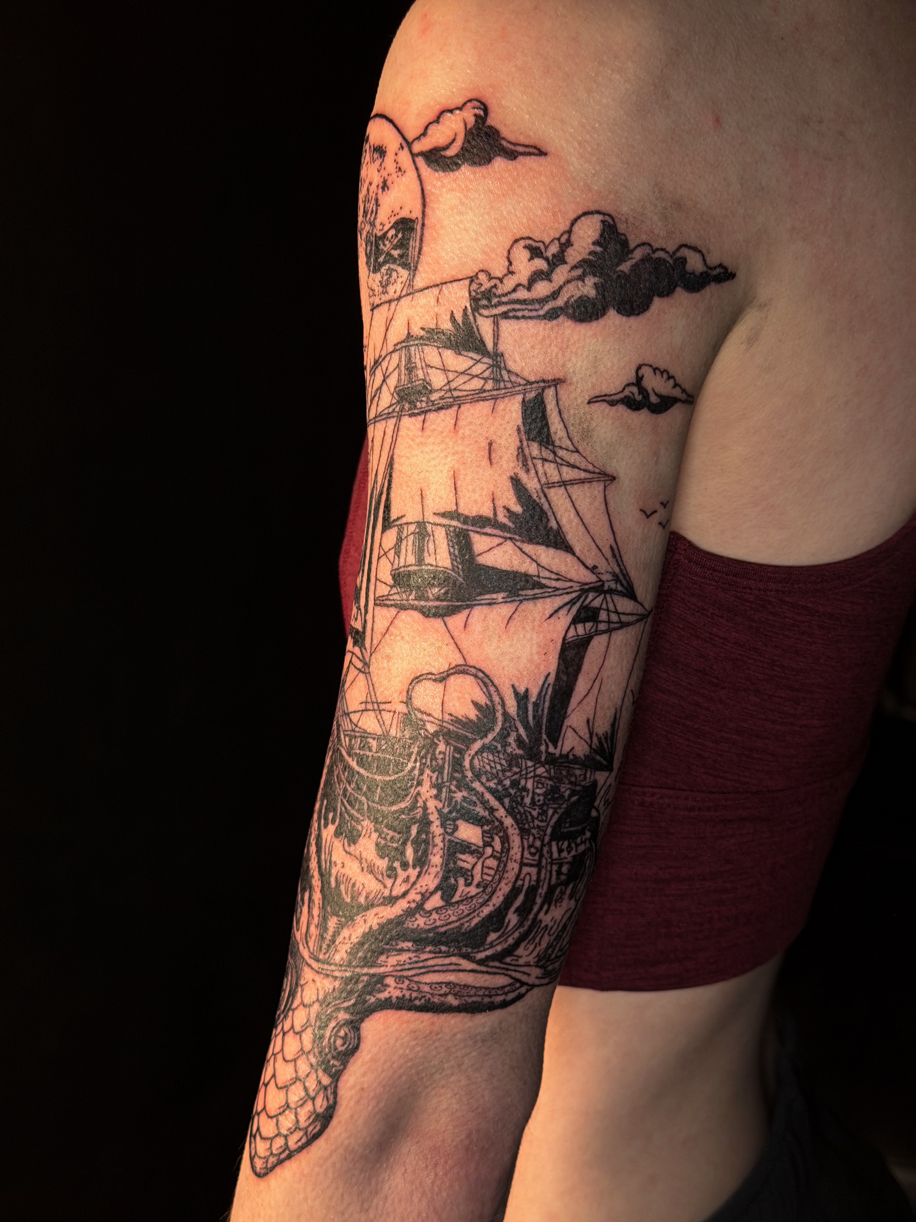 Ship and snake black and grey tattoo on the forearm by Tattoo Artist X Kamm, Salt Lake City, Utah