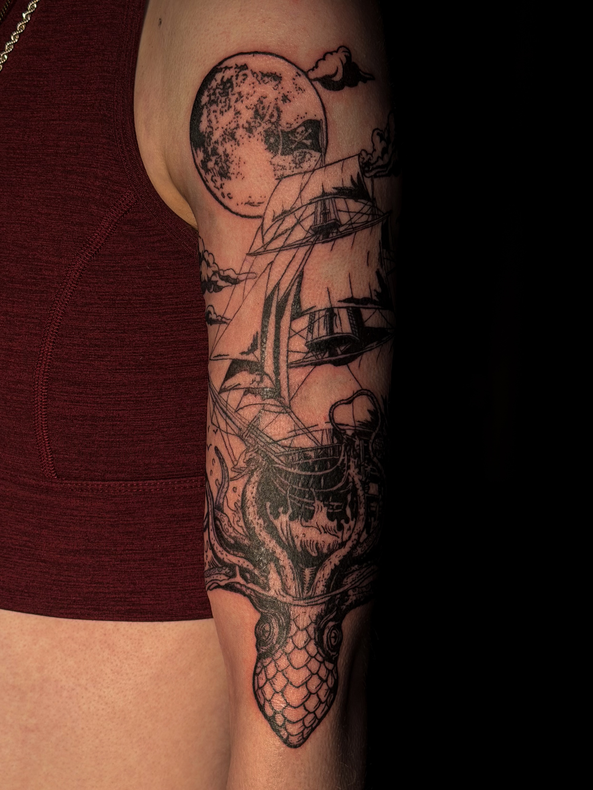 Ship and moon realism tattoo on the forearm by Tattoo Artist X Kamm, Salt Lake City, Utah