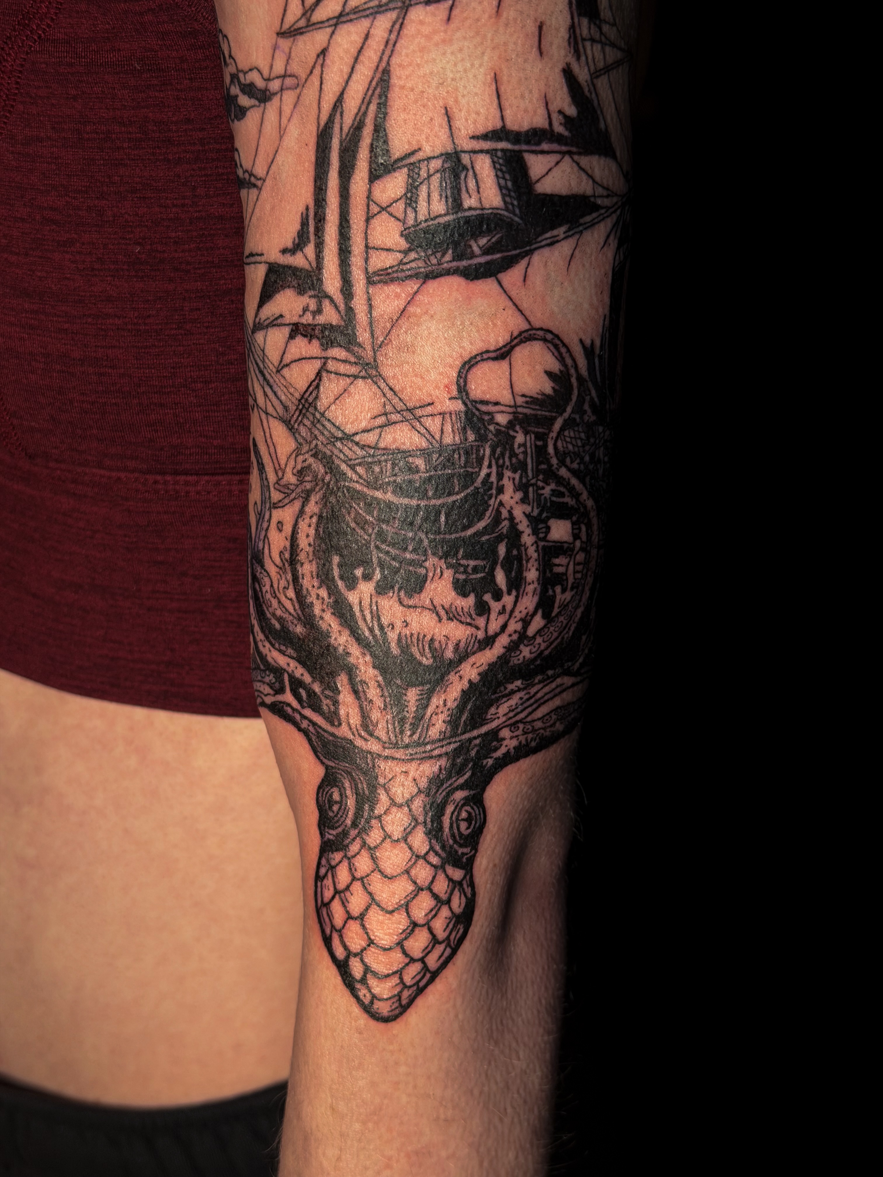 Ship and snake realism tattoo on the forearm by Tattoo Artist X Kamm, Salt Lake City, Utah