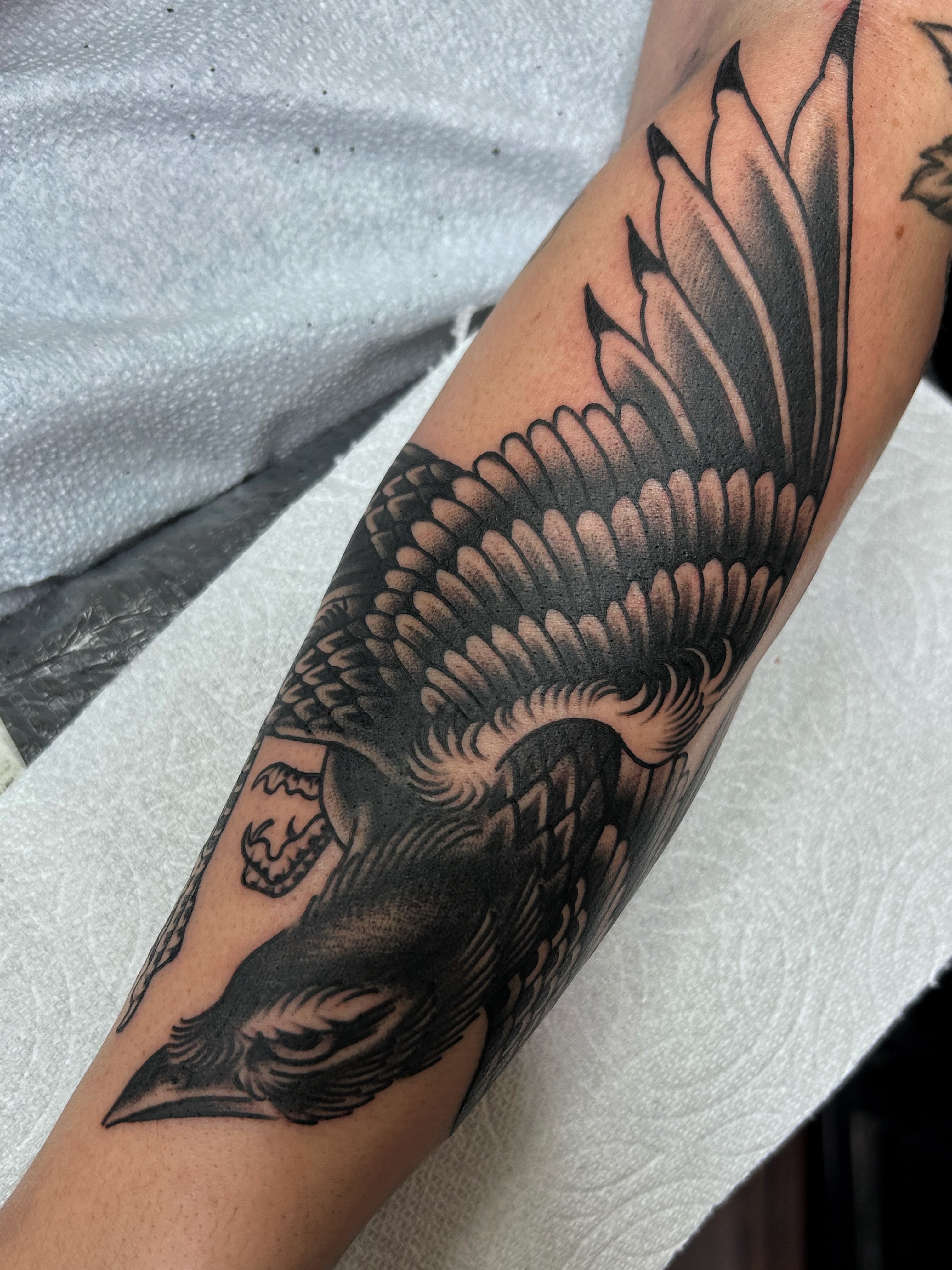 Eagle black and grey tattoo on the forearm by Jade McKenzie, Temecula, California