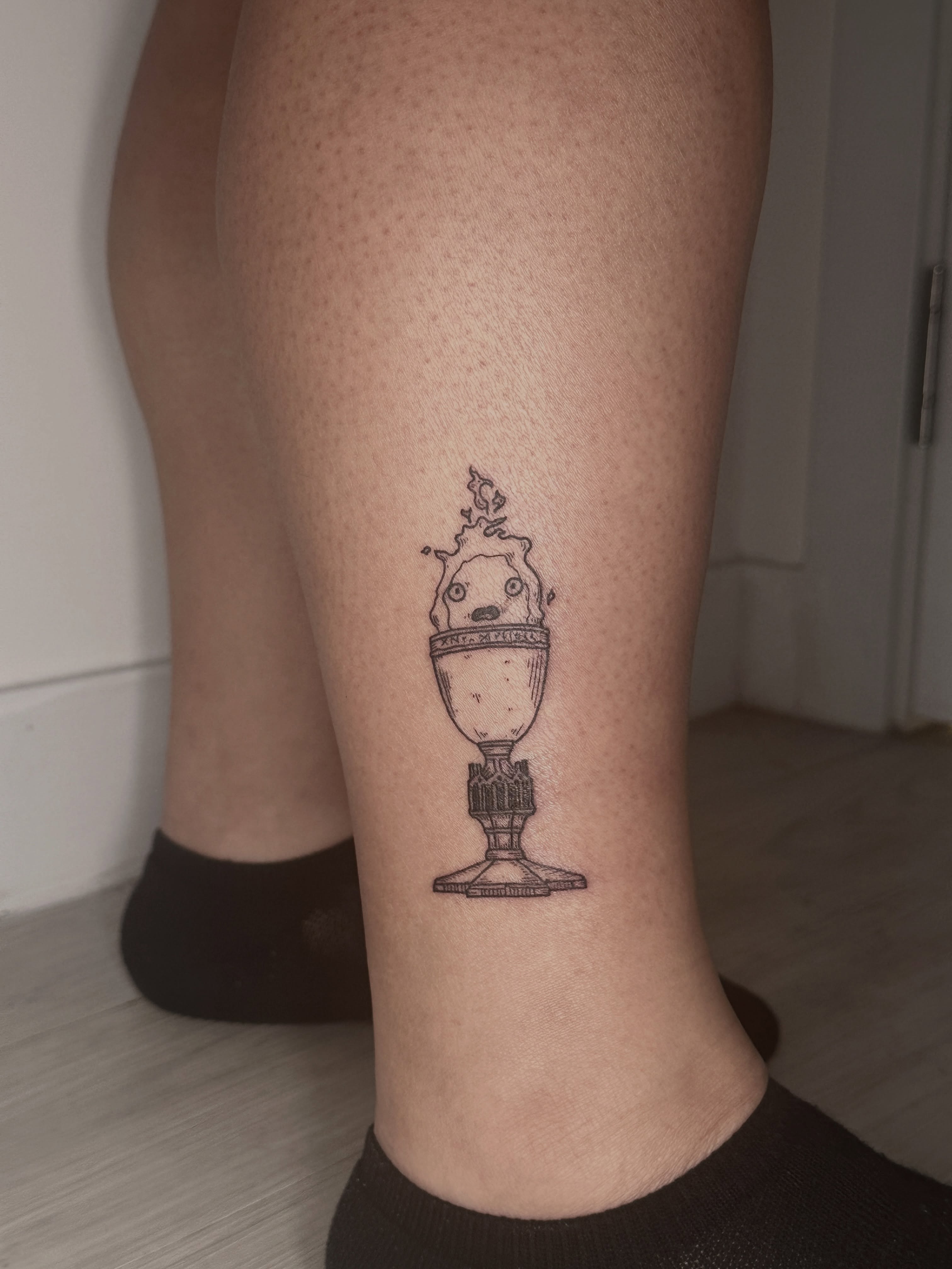 Ice cream sundae black and grey tattoo on the calf by Zecember