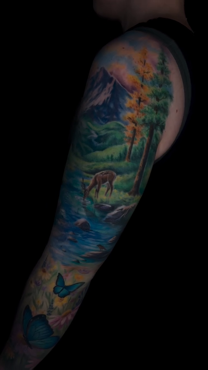 Mountain landscape with deer and butterflies realism tattoo by πππΈππ»π΄ππΌπΈ π»πΈπΉπΉπ
ππ