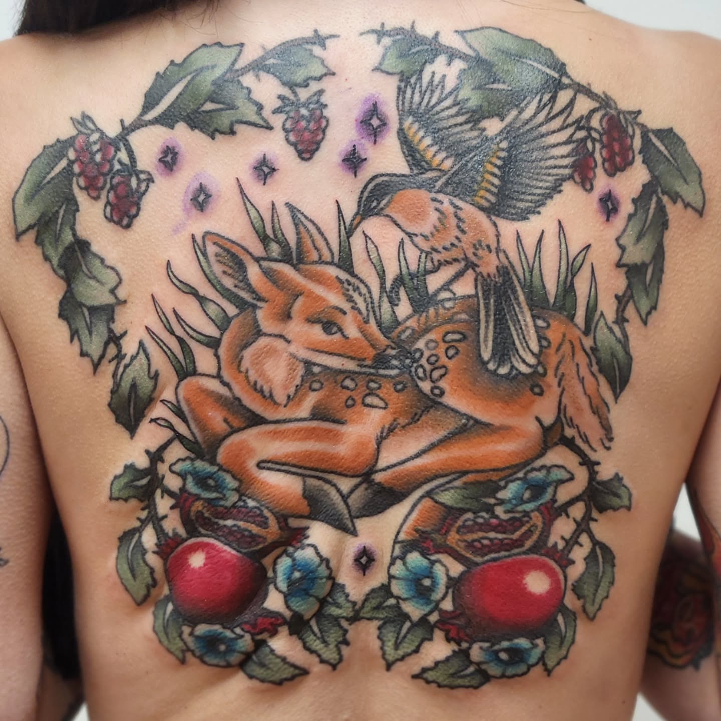 Deer and bird American traditional tattoo on the back by Sonya ๐ฟ๐ธ๐พ
