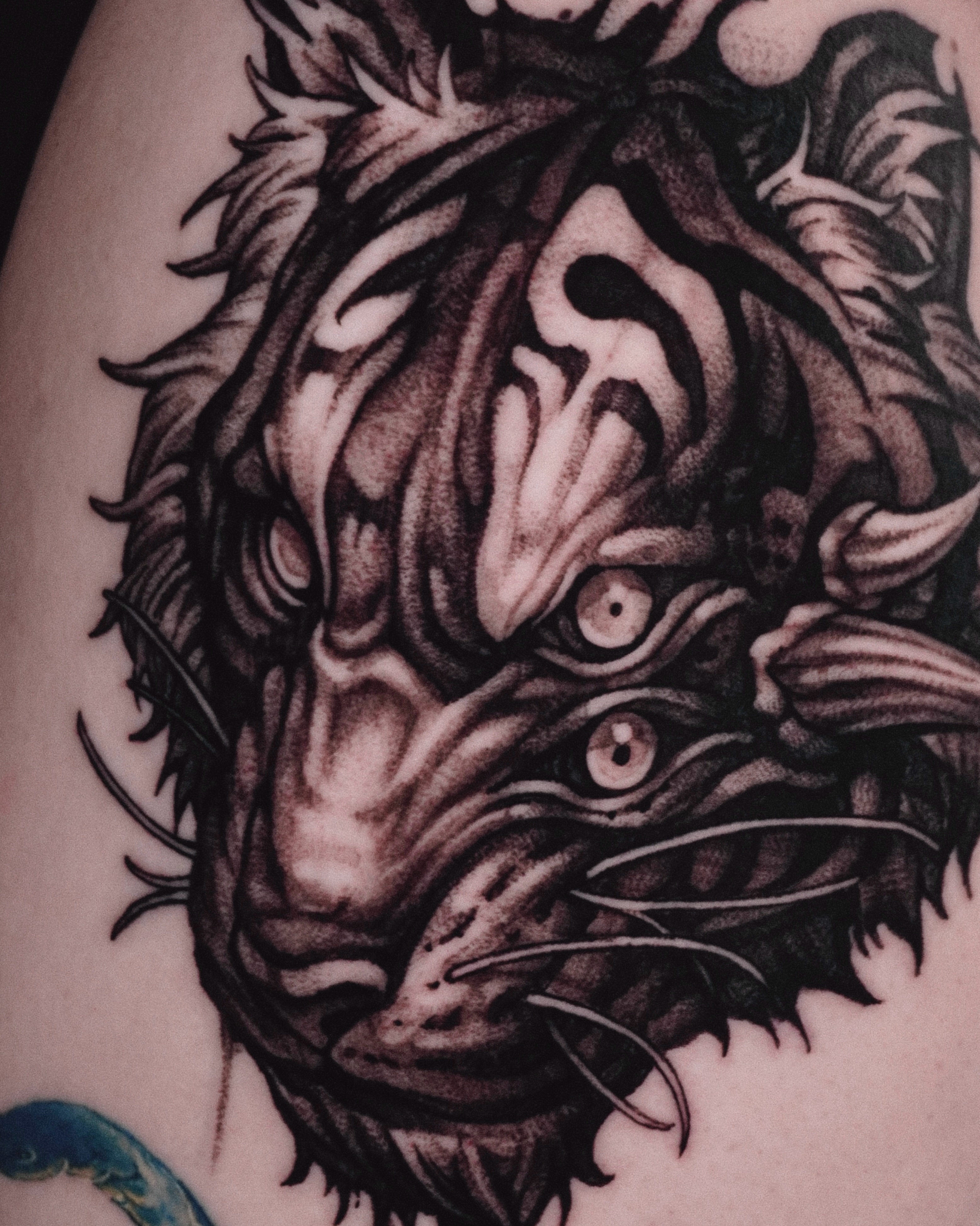 Lion realism tattoo on the upper arm by 두식