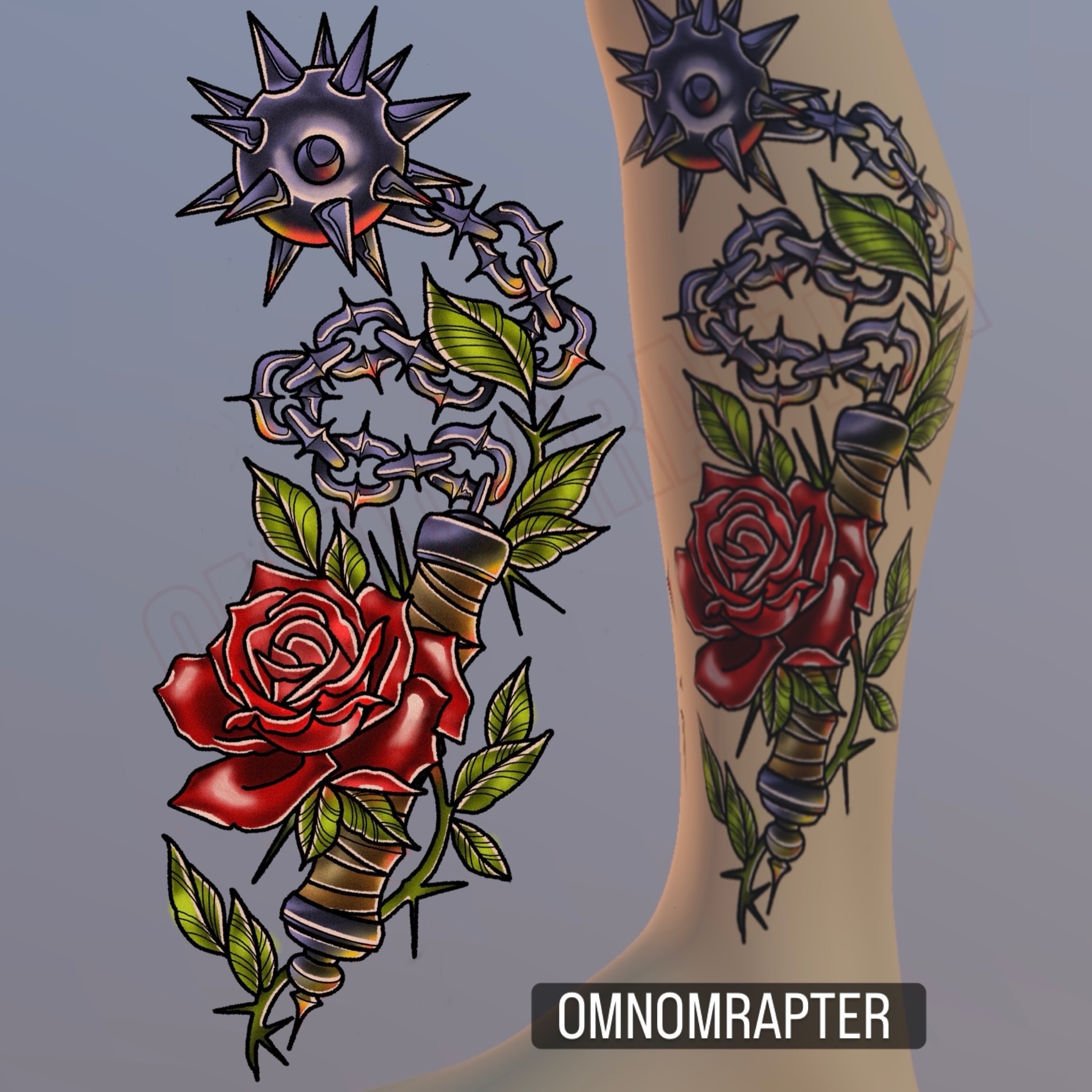 Spiked ball and chain with roses American traditional tattoo on the forearm by Andrea Patterson