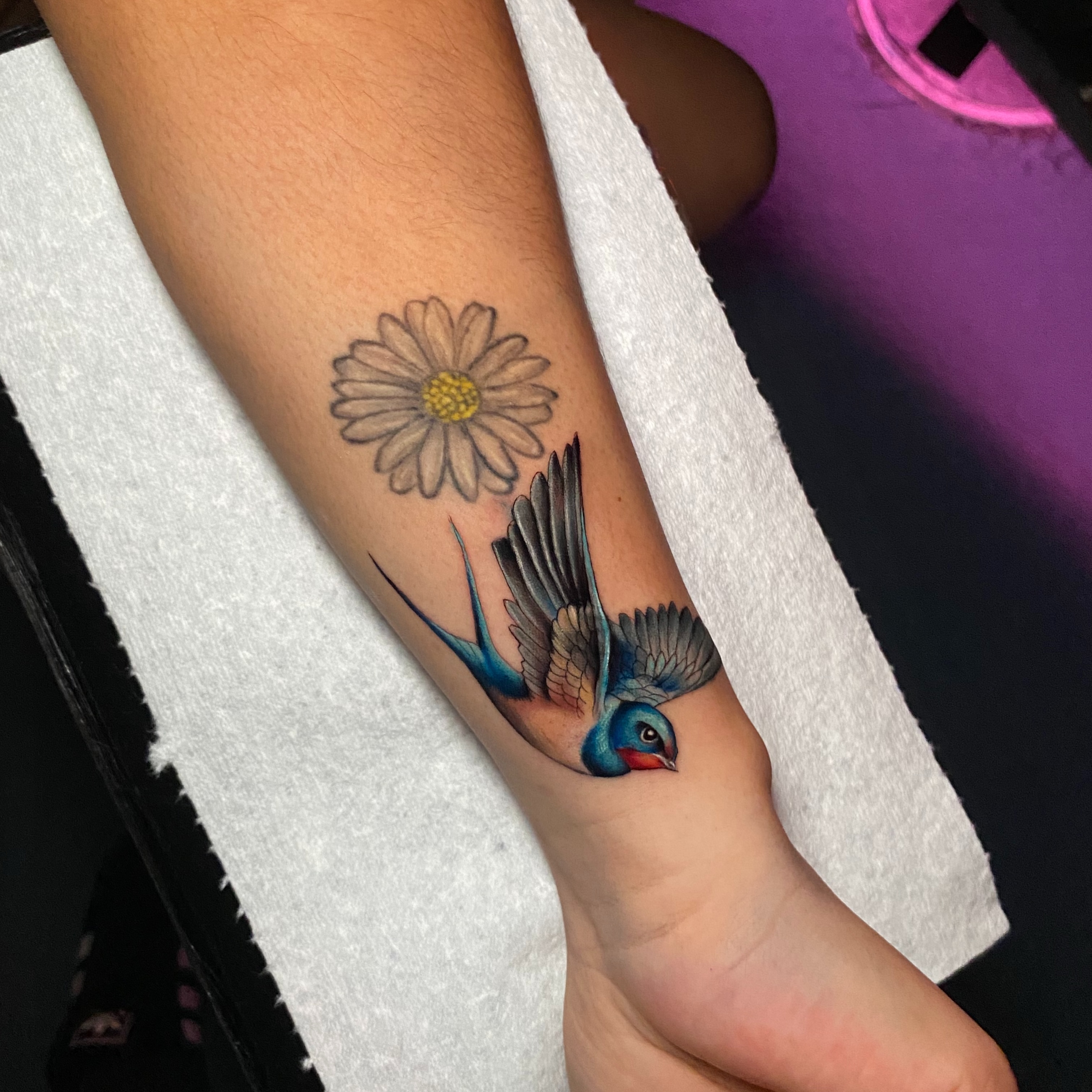 Bird and daisy realism tattoo on the forearm by Pablof 🕸️