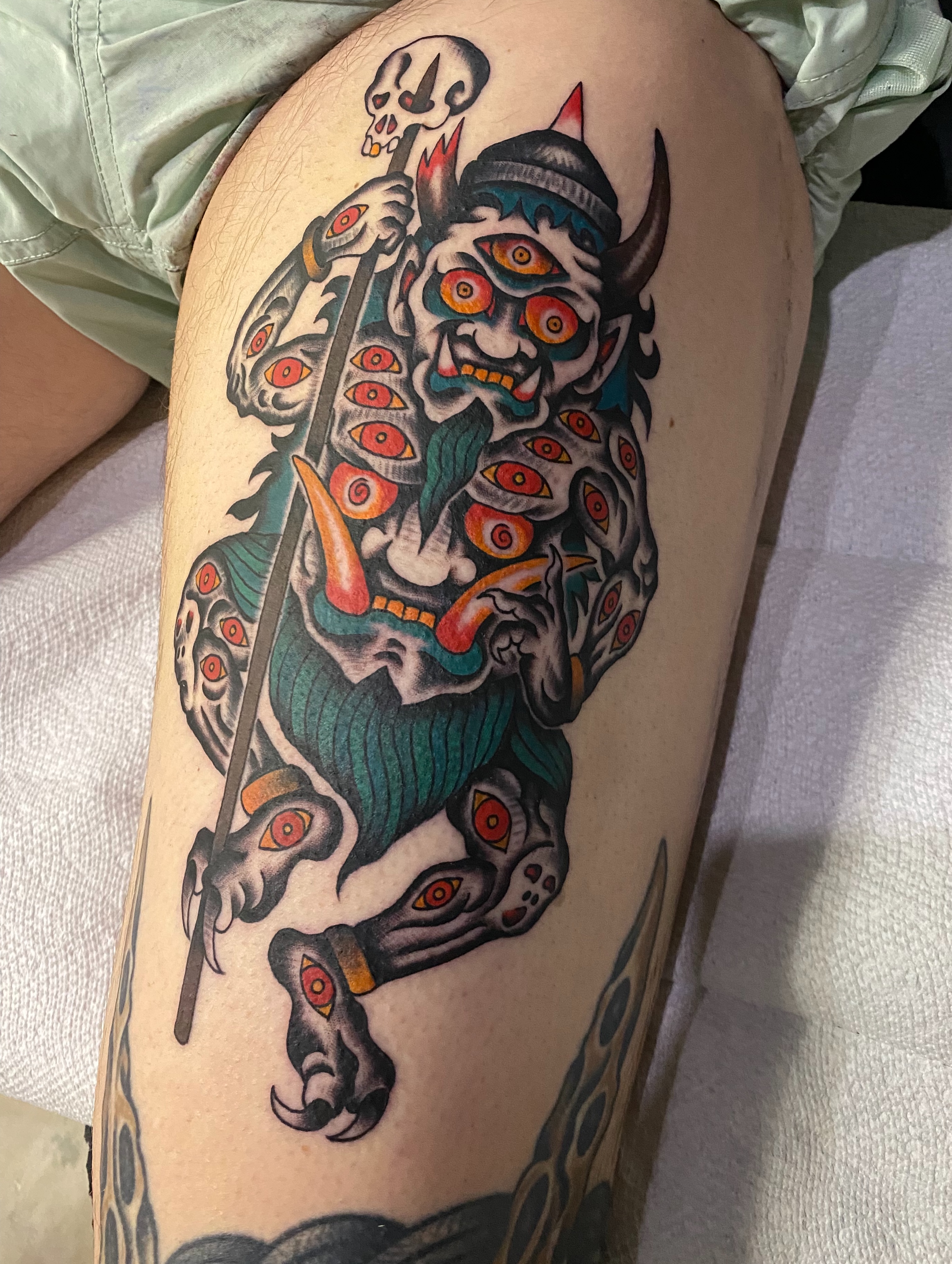 Demon warrior American traditional tattoo on the thigh by sean drennen