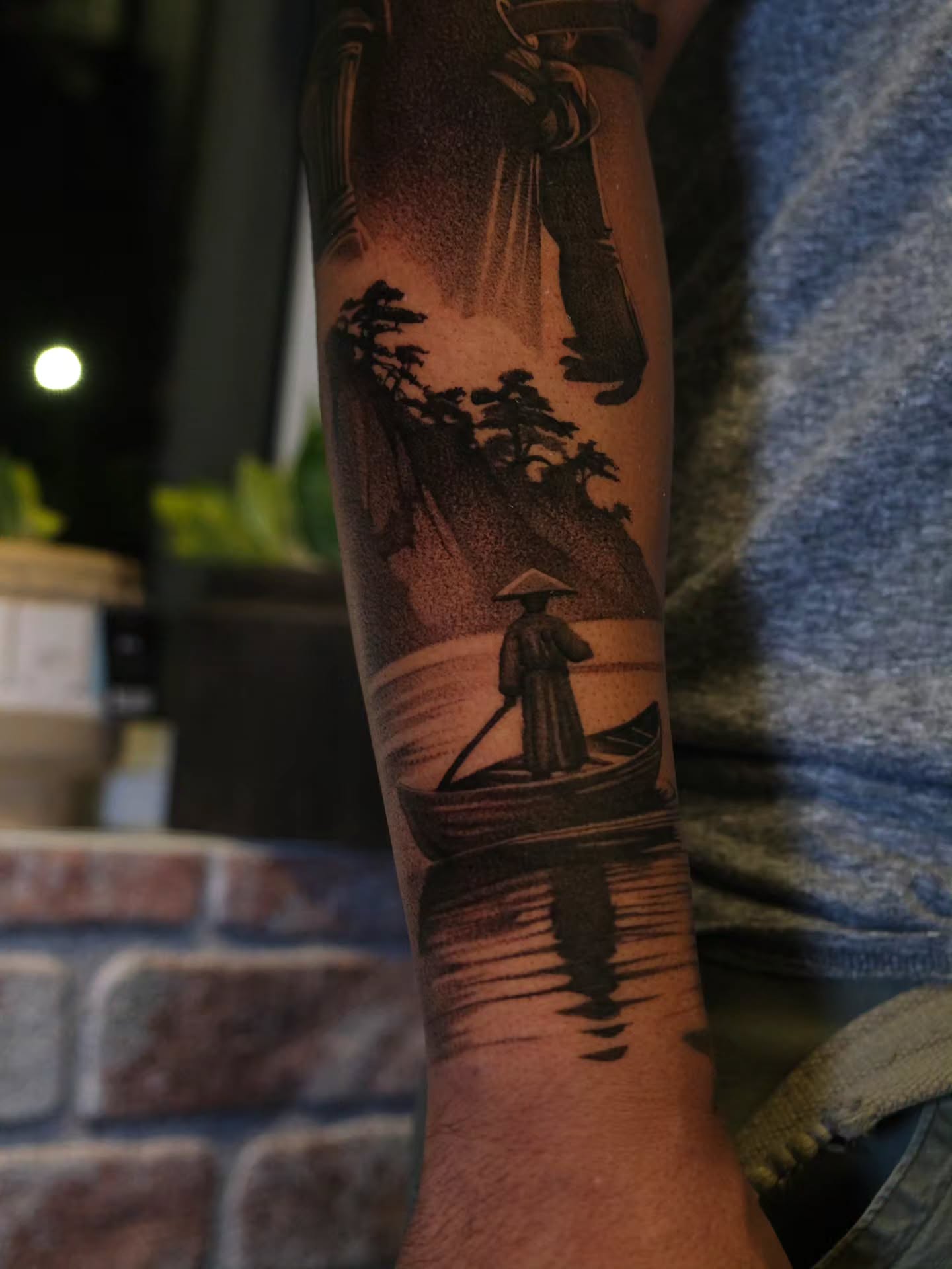 Boatman on river dotwork tattoo on the forearm by Ana Fajardo