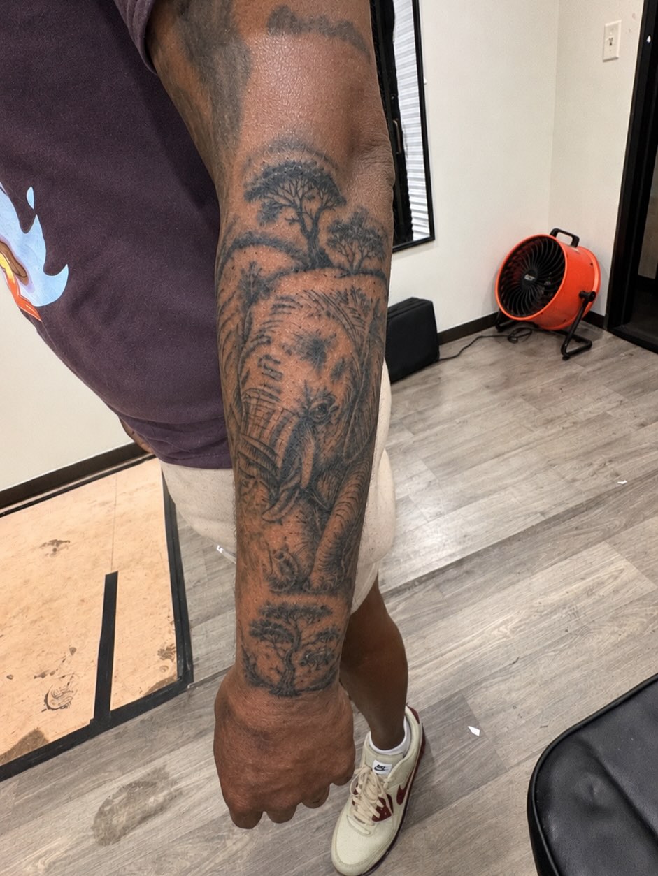 Elephant and trees black and grey tattoo on the forearm by 𓂀 𝕊ℍ𝔼𝕃𝕃𝕐 𓂀