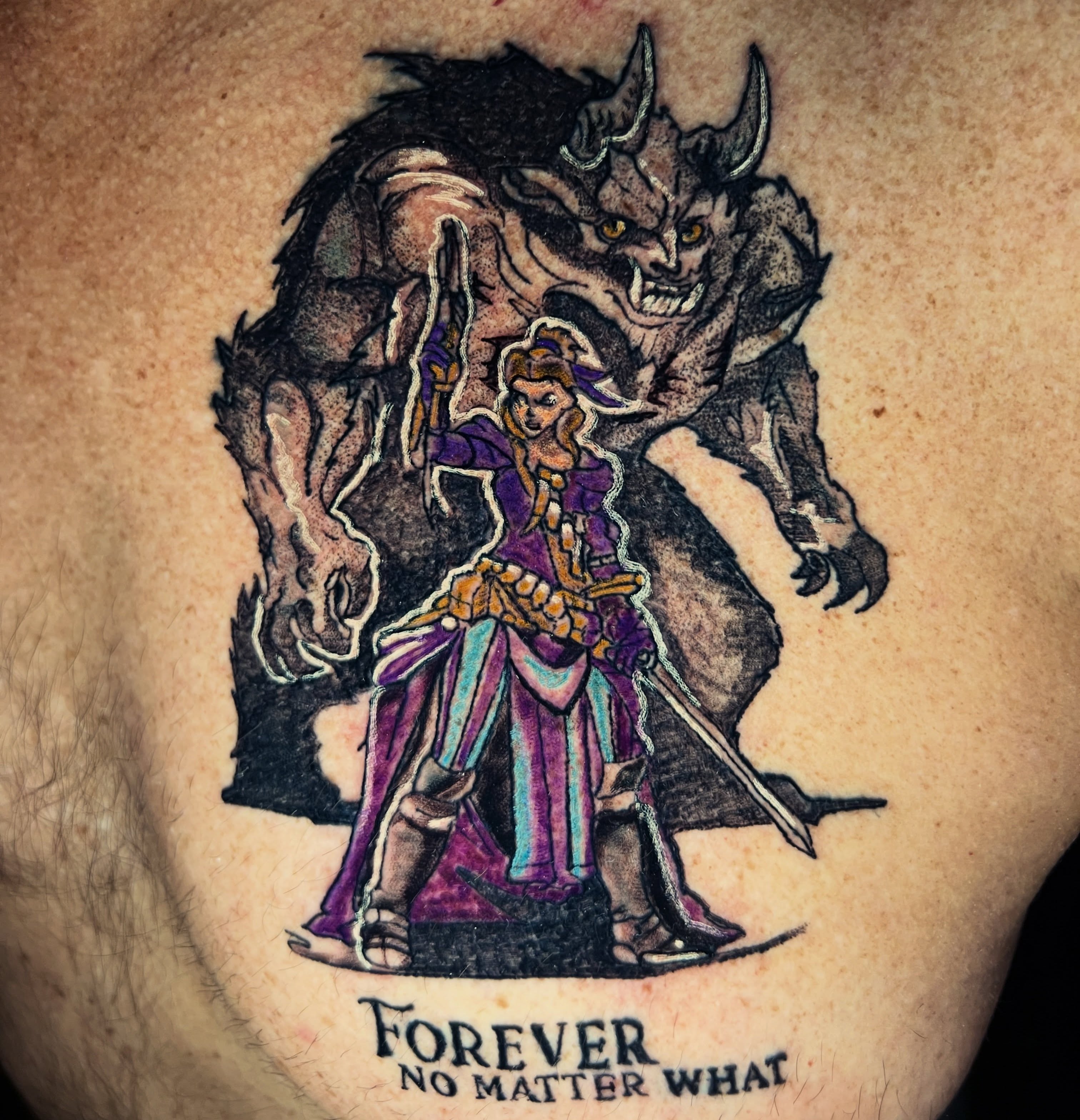 Heroic fantasy scene illustrative tattoo on the chest by Evan Intveld