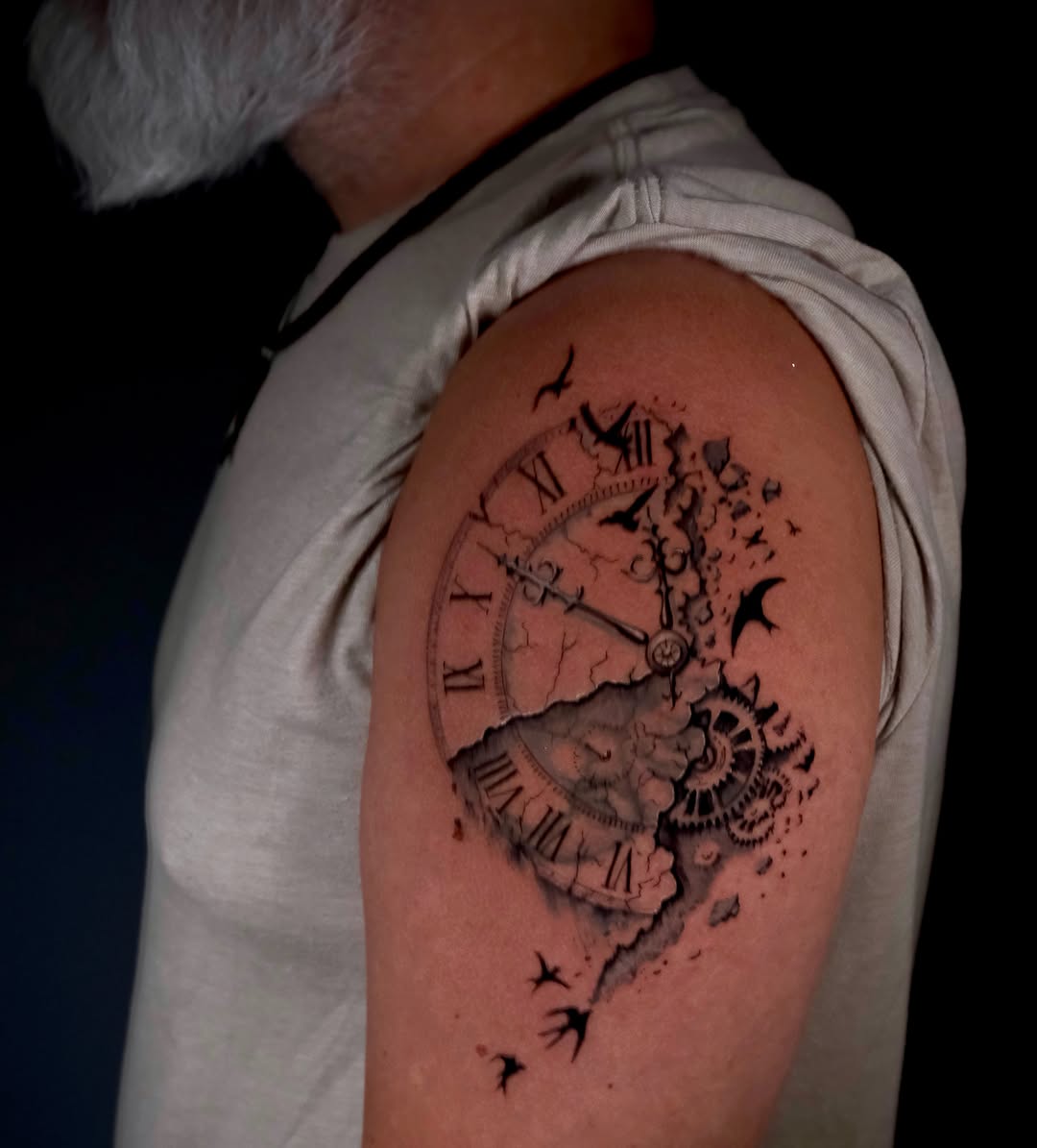 Clock realism tattoo on the shoulder by AL 777, Denton, Texas
