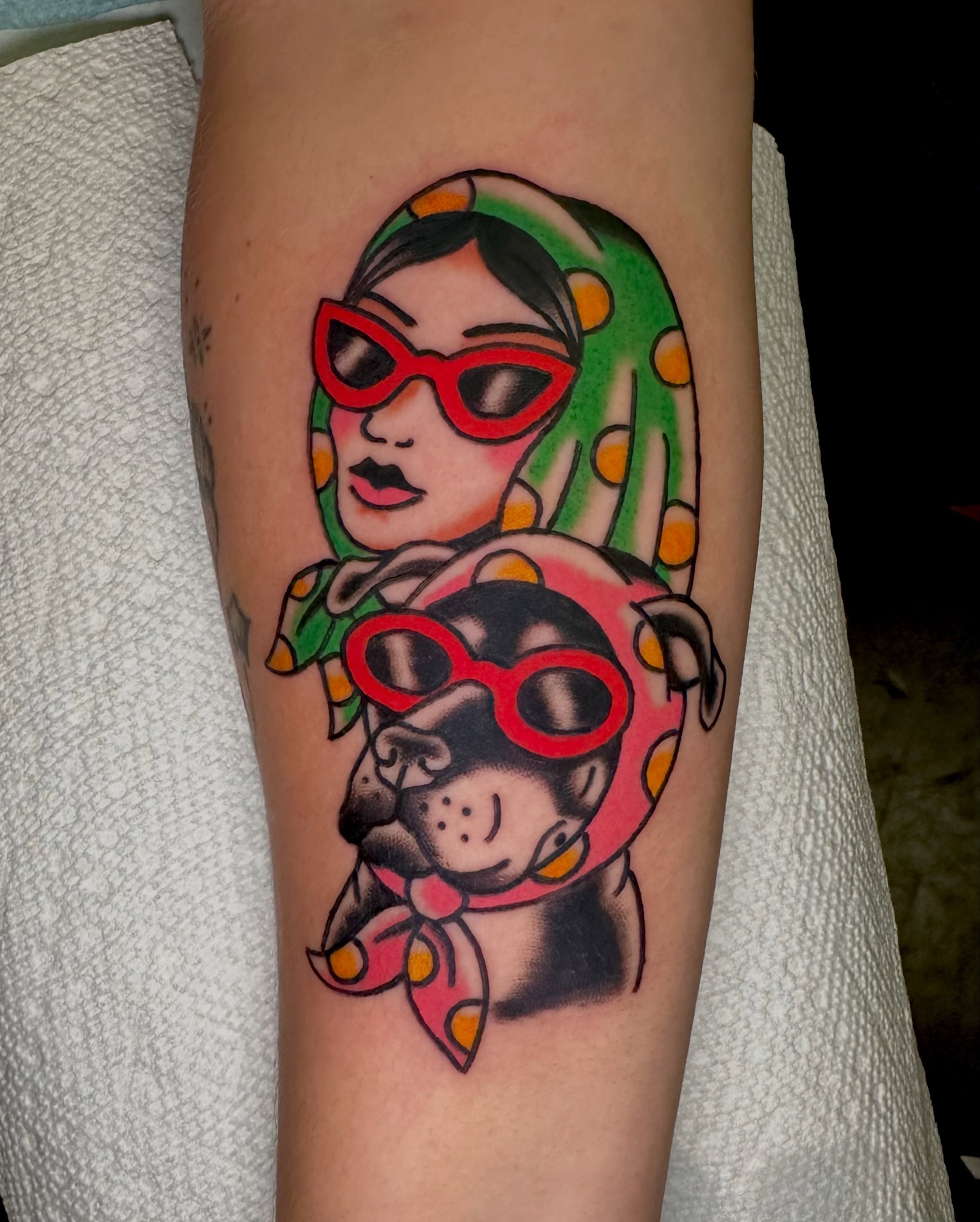 Woman and dog new school tattoo on the forearm by β₯ππππππβ₯ππππβ₯ Traditional Tattoos