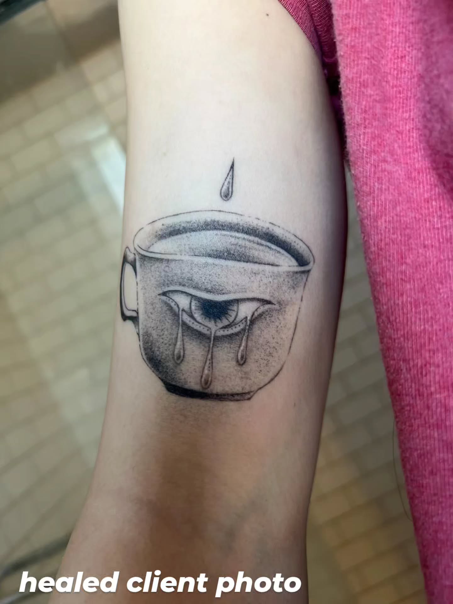 Teacup with eye black and grey tattoo on the forearm by bird ✦ tattoo artist ✦ philadelphia