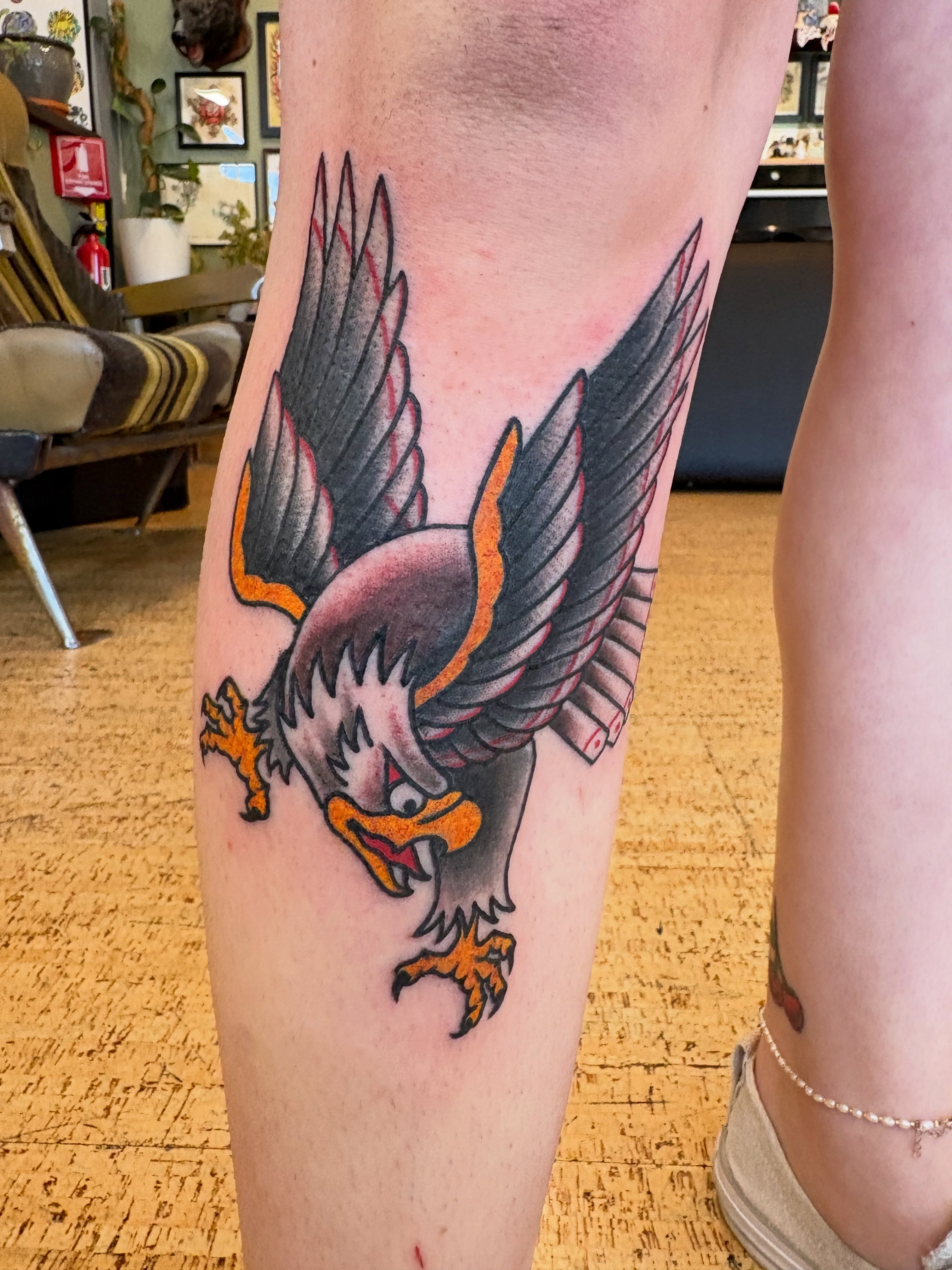 Eagle American traditional tattoo on the forearm by Kimber Teatro, Portland, Oregon