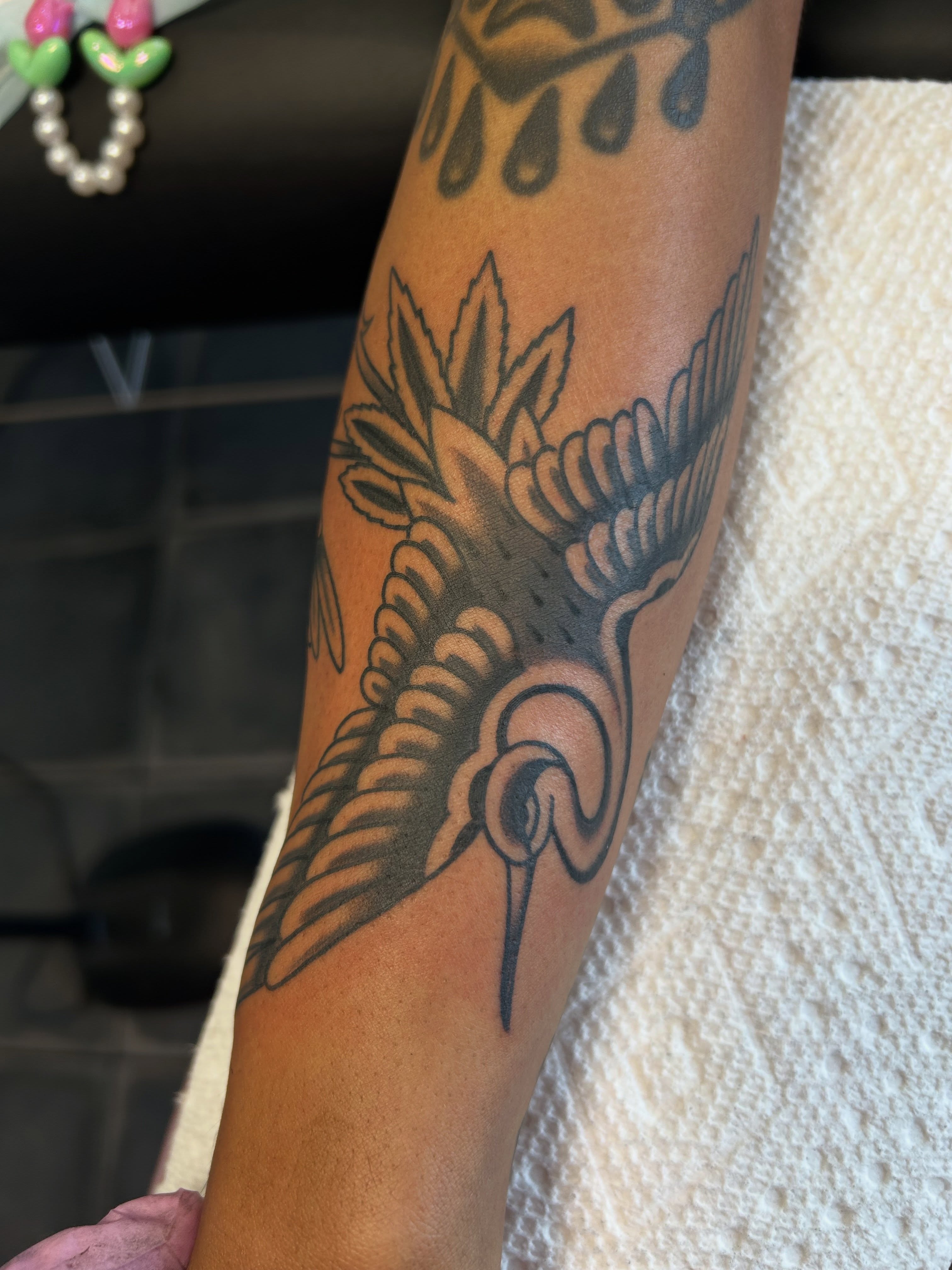 Hummingbird American traditional tattoo on the forearm by Lilly Binns