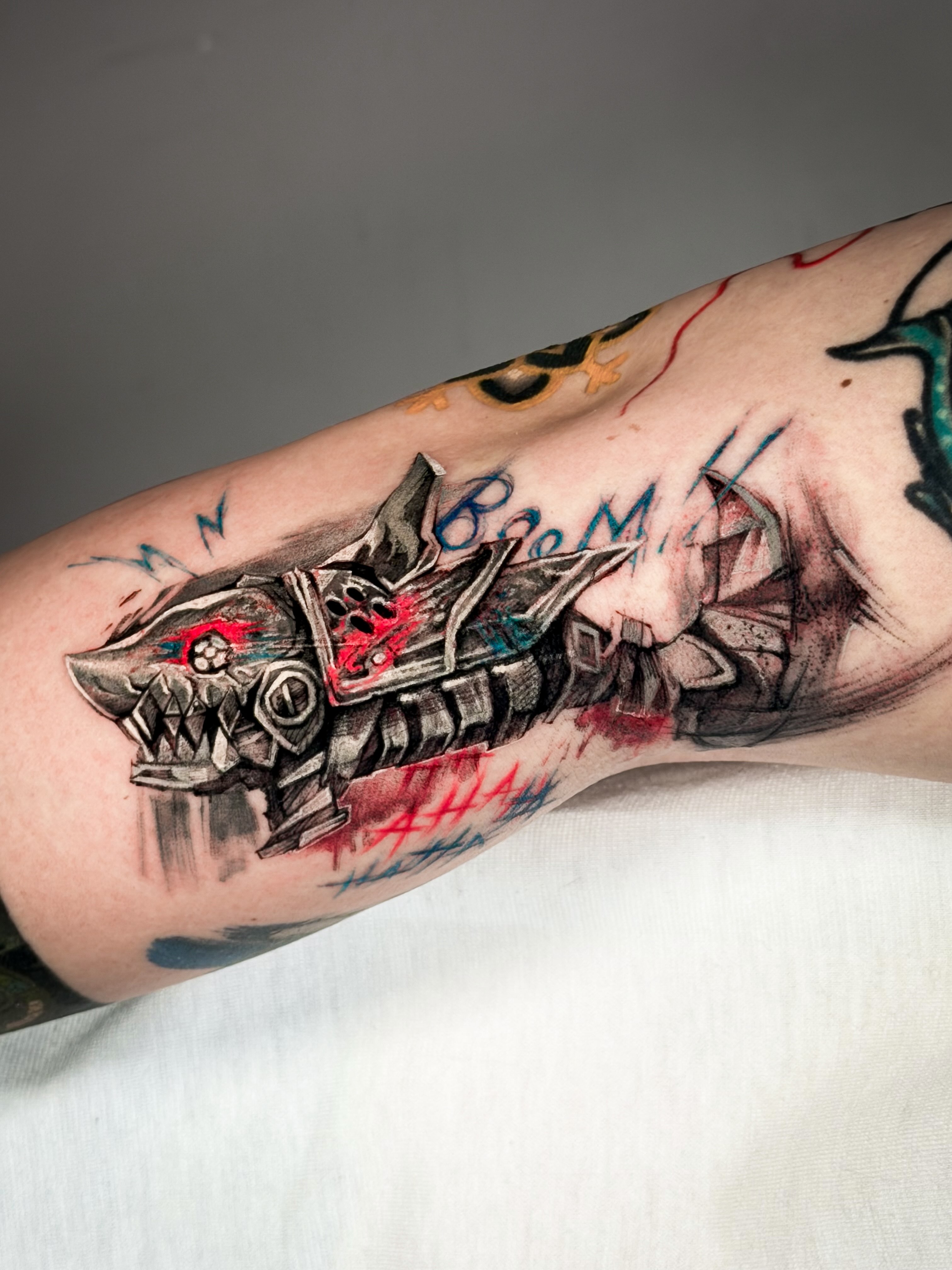 Mecha robot realism tattoo on the forearm by Chris Jang